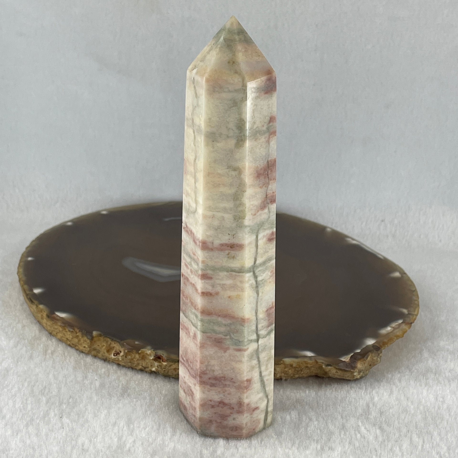 Natural Red White Calcite Tower Display 166.18g 30.4 by 25.7 by 128.2mm - Huangs Jadeite and Jewelry Pte Ltd