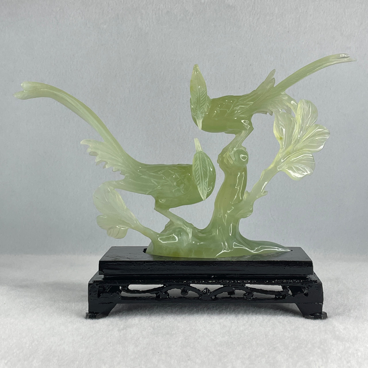 Natural Green Serpentine Double Phoenix with Wooden Stand Display 411.1g 25.0 by 70.0 by 170.0mm