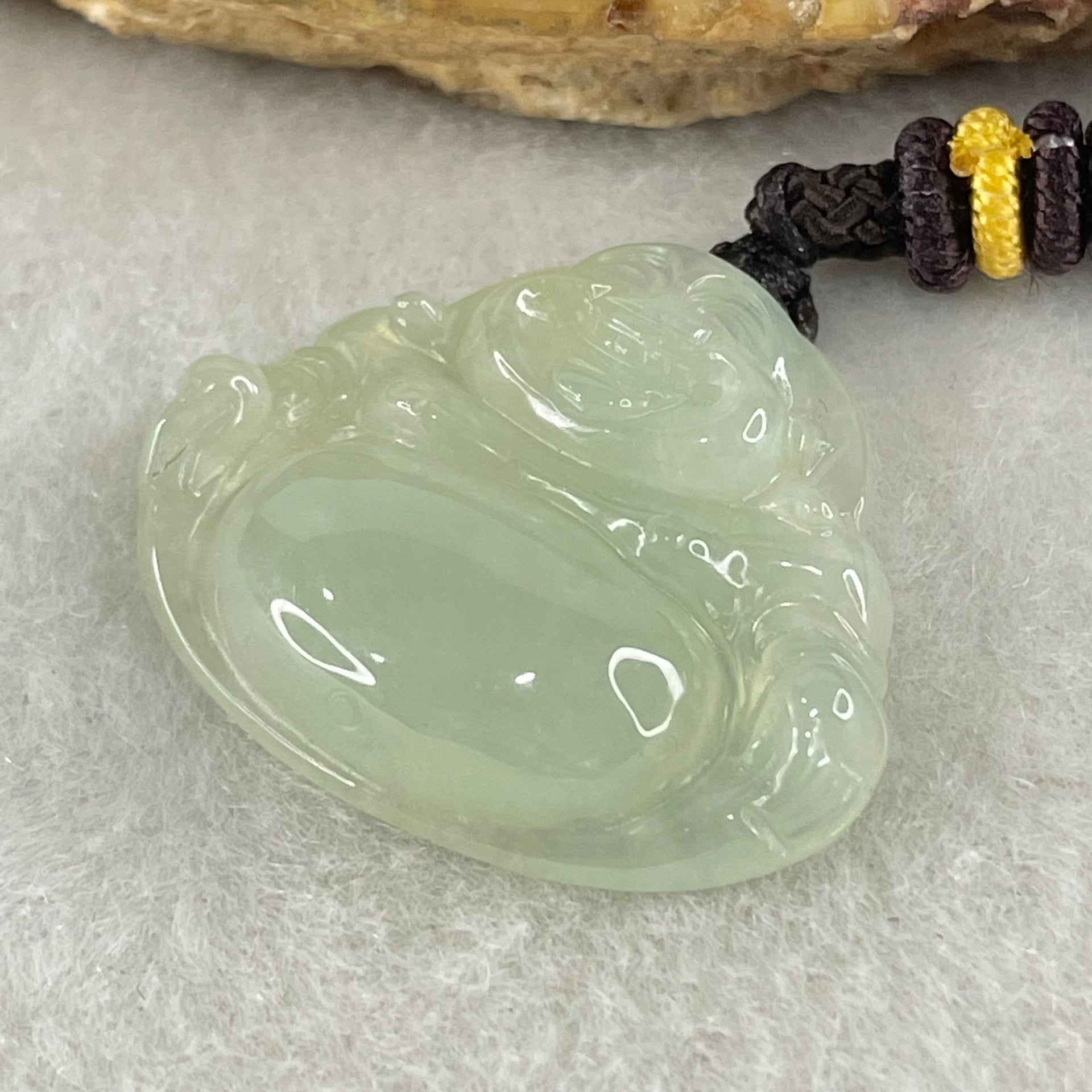 Type A Icy Faint Green Jadeite Milo Buddha Pendant 3.01g 22.4 by 27.1 by 6.0mm - Huangs Jadeite and Jewelry Pte Ltd