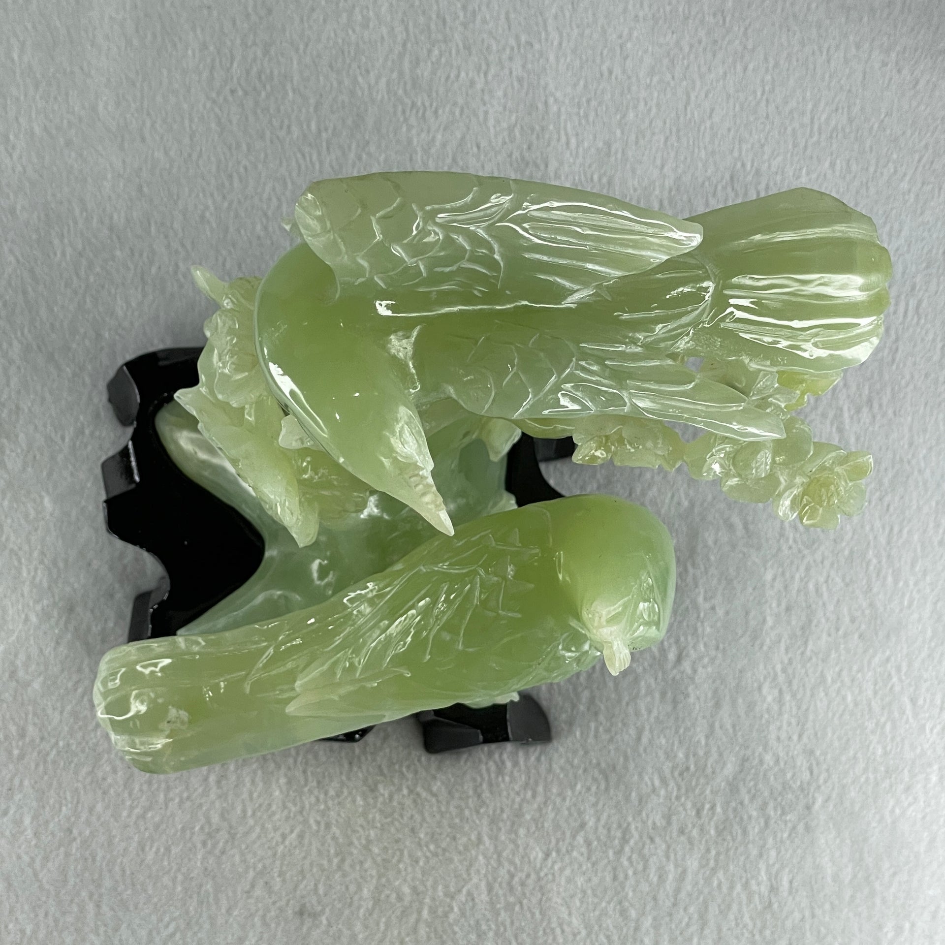 Natural Light Green Serpentine Javan Mynah Twin Birds on Flower Tree with Wooden Stand Display 1,043.4g 115.0 by 125.0 by 210.0mm - Huangs Jadeite and Jewelry Pte Ltd