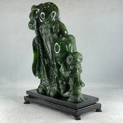 Natural Dark Green Serpentine Shou Xing Gong and Tong Zi and Longevity Peach with Wooden Stand Display 3,091.3g 193.0 by 95.0 by 257.0mm - Huangs Jadeite and Jewelry Pte Ltd