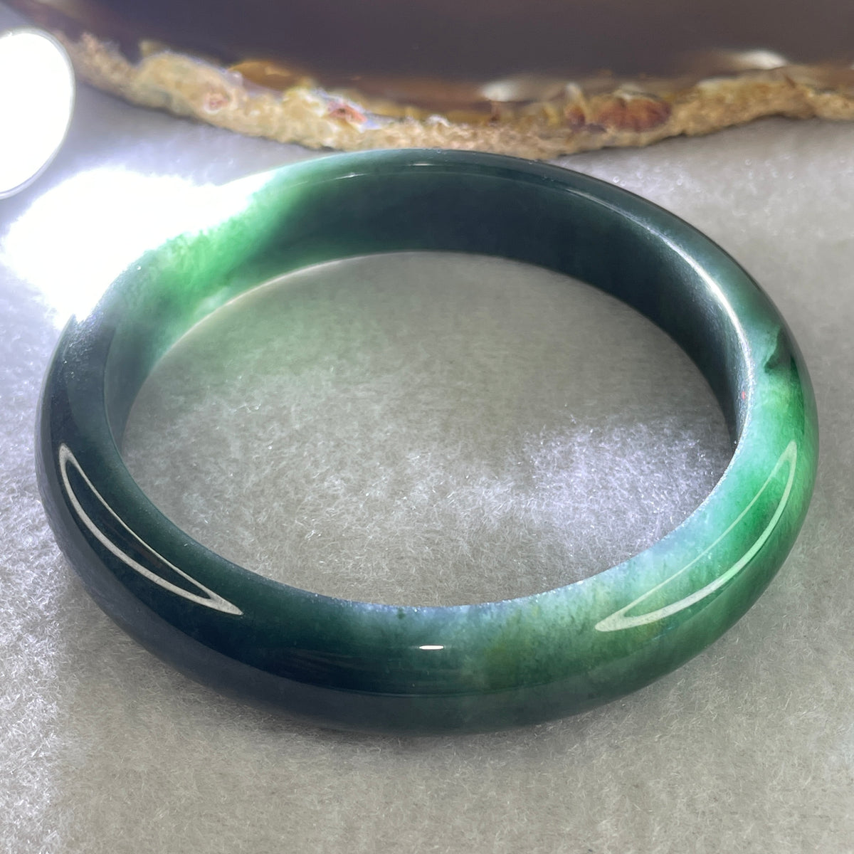 Certified Natural Type A Dark Blueish Green Jadeite Bangle | 60.5mm Inner Diameter (53.88g 12.3x17.4mm | Perfect Flawless | Plush Depth Contour | Sovereign Wisdom & Energy Shield) - Huangs Jadeite and Jewelry Pte Ltd