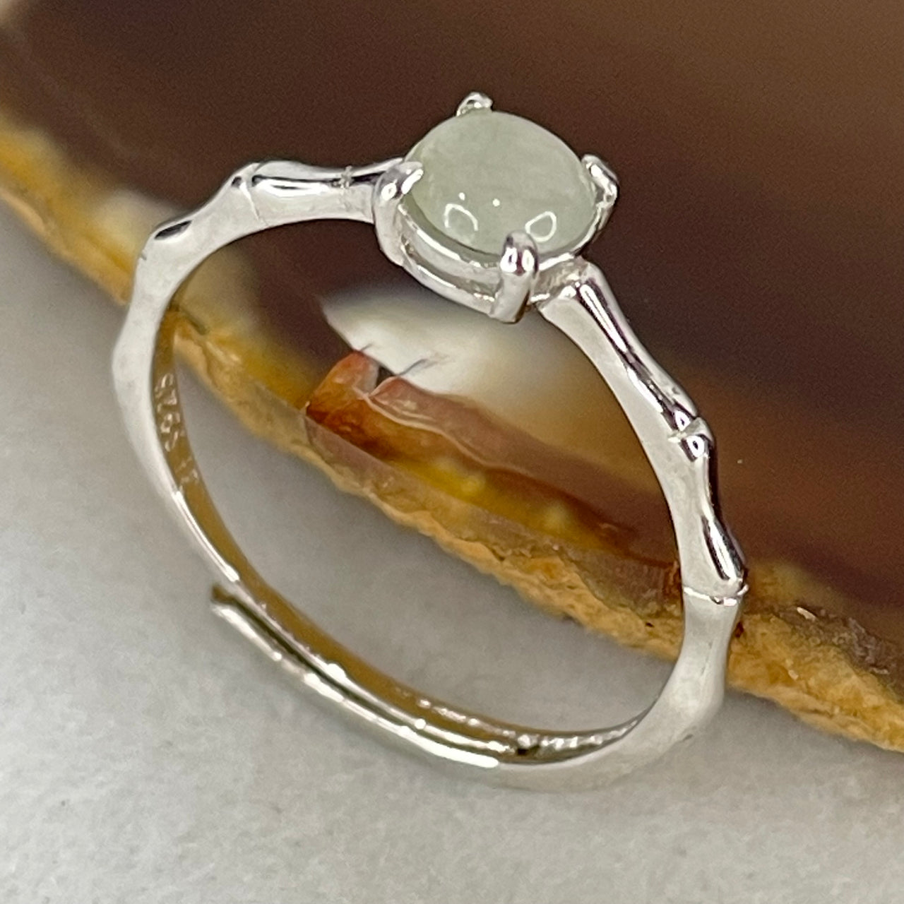 Type A Icy Faint Green Cabochon Jadeite in S925 Sliver Ring (Adjustable Size) 1.09g 5.0 by 2.0mm - Huangs Jadeite and Jewelry Pte Ltd