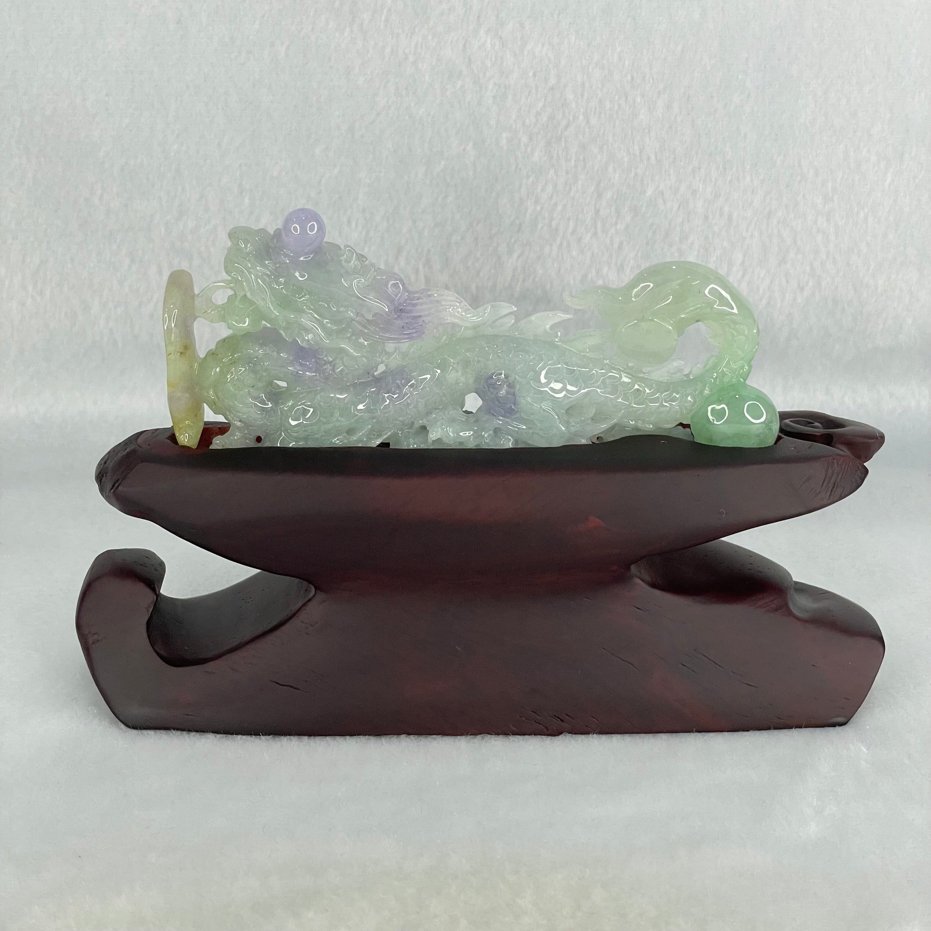 Type A Light Green with Deep Bright Lavender and Yellow Jadeite Pendant 45.66g 8.3 by 3.9 by 11mm with Wooden Stand - Huangs Jadeite and Jewelry Pte Ltd