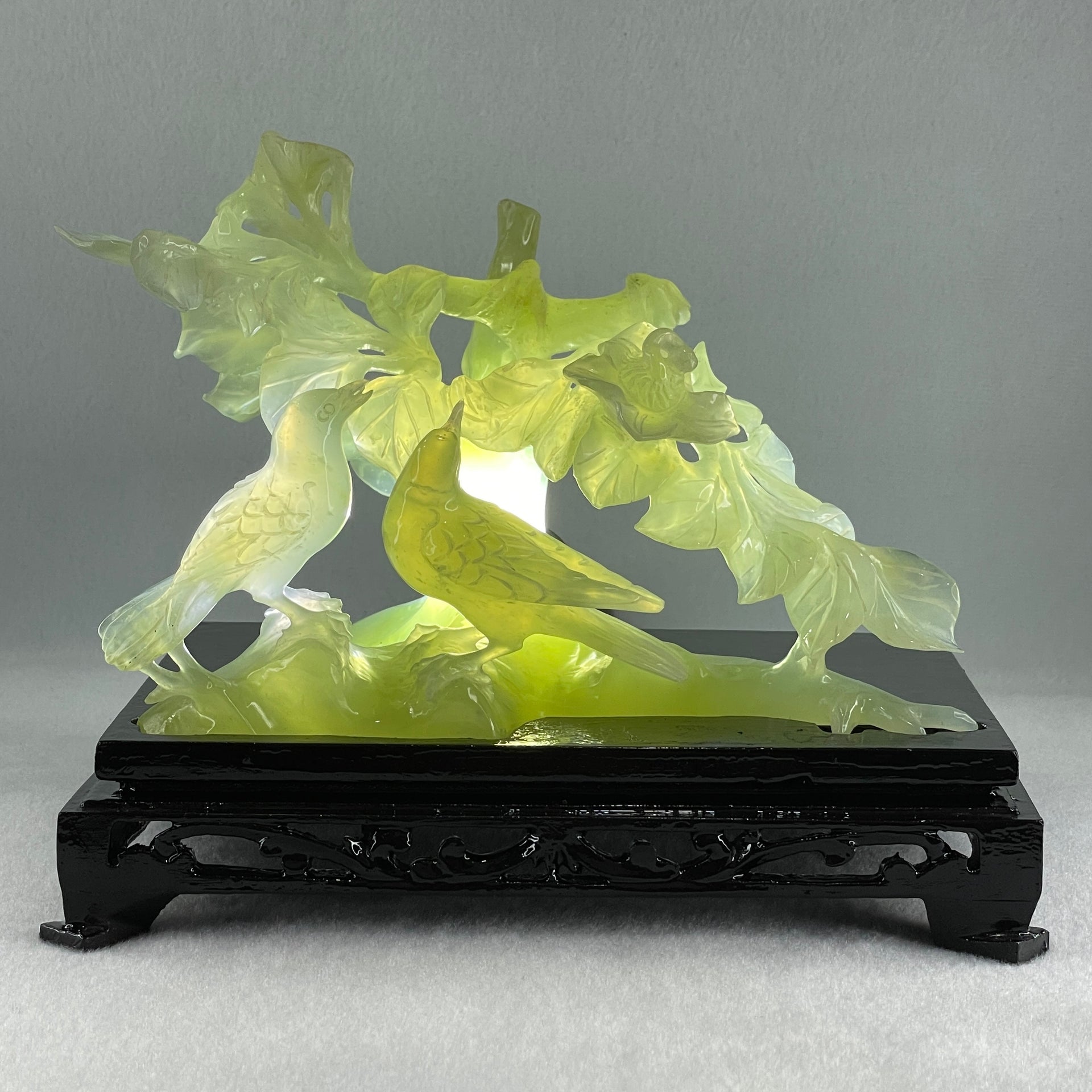 Natural Green Serpentine Twin Magpie Birds on Tree with Wooden Stand Display 792.2g L203.0 by B146.0 by H170.0 mm - Huangs Jadeite and Jewelry Pte Ltd
