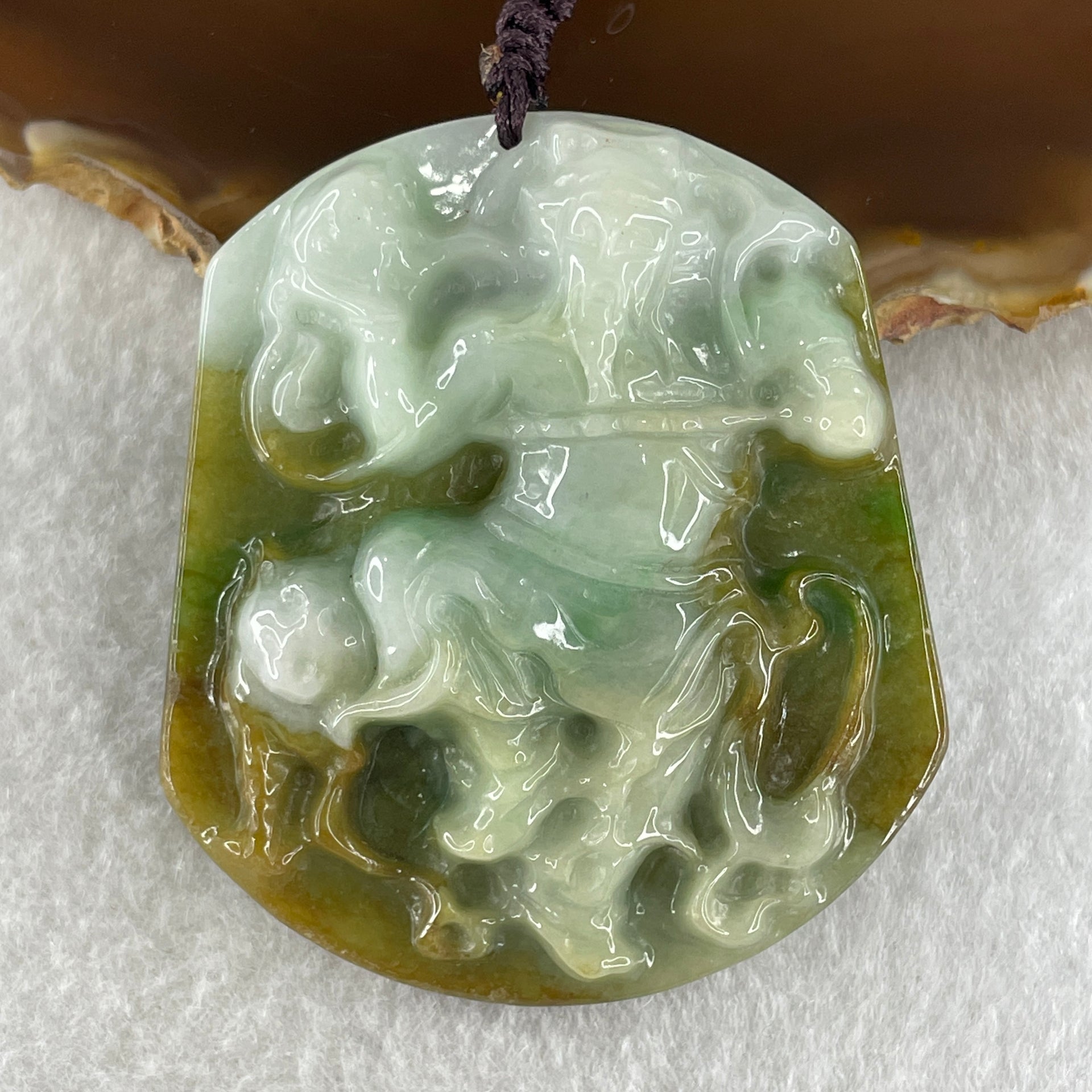 Type A Natural Light with Dark Green Jadeite Wu Cai Shen Zhao Gong Ming God of Wealth with Tiger Pendant 55.47g 53.6 by 47.1 by 4.4mm - Huangs Jadeite and Jewelry Pte Ltd