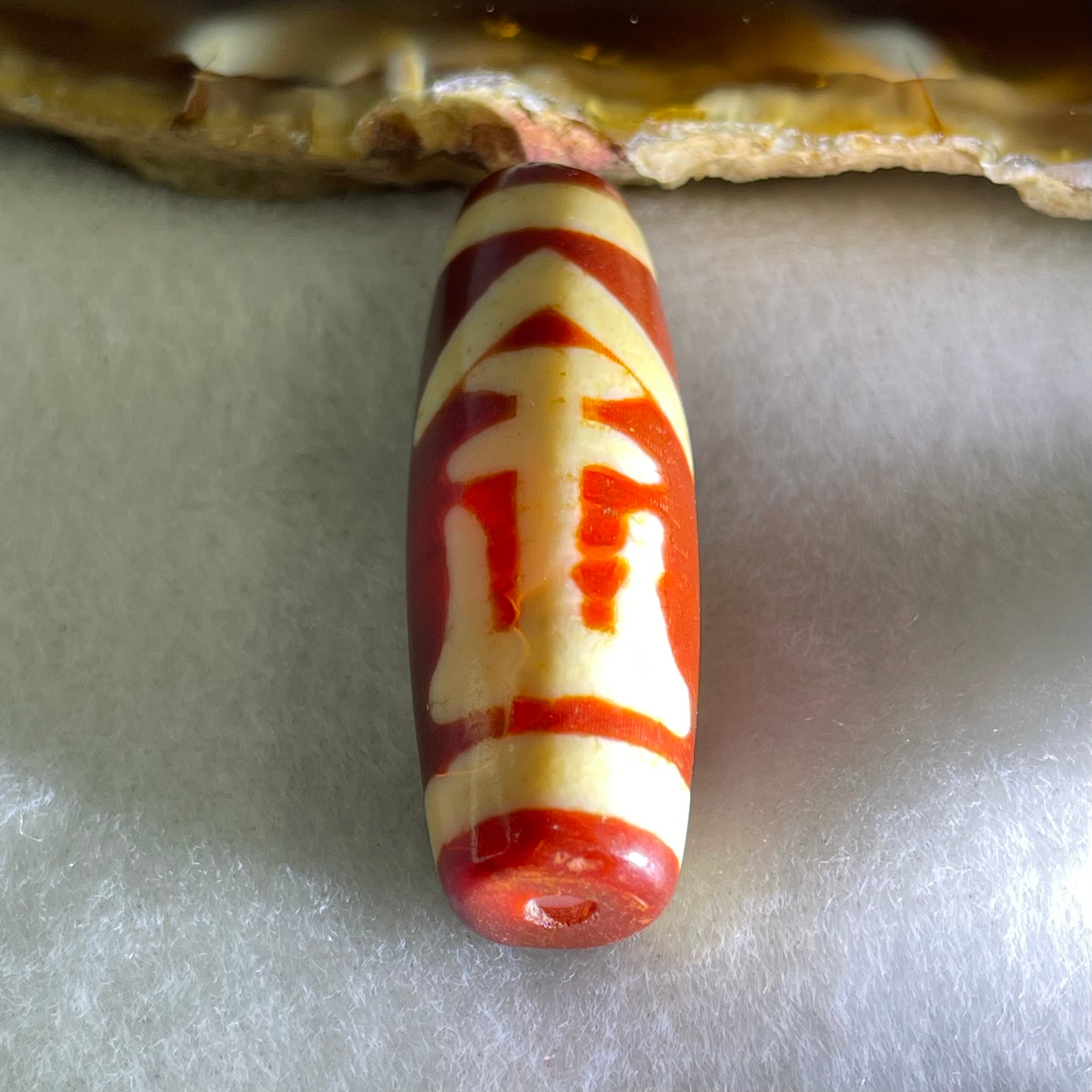 Natural Powerful Tibetan Old Oily Red White Agate One Eye Gold Metal Element Dzi Bead Heavenly Master (Tian Zhu) 一眼金天珠 10.23g 37.9 by 13.3mm - Huangs Jadeite and Jewelry Pte Ltd