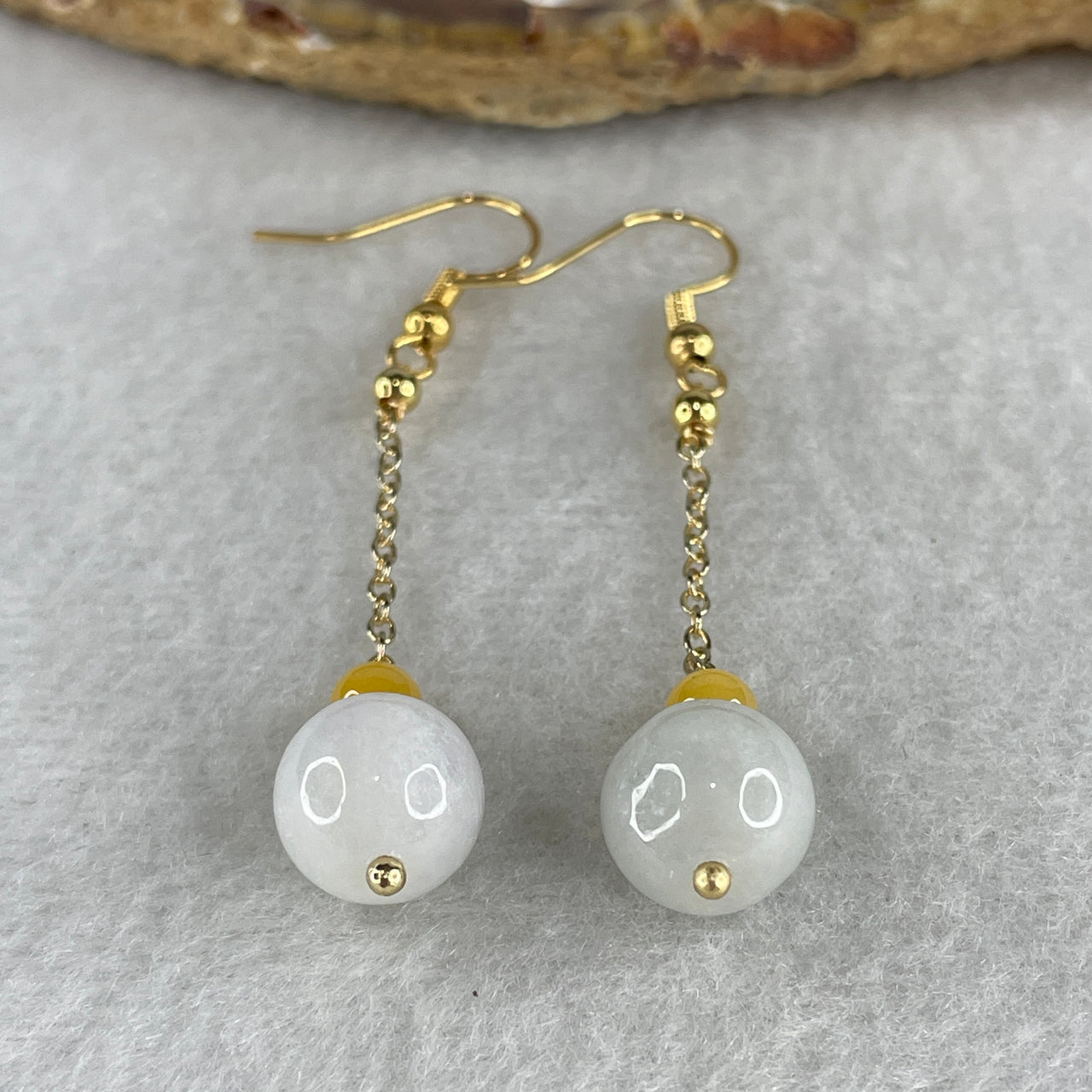 Natural Type A Near White Faint Green Jadeite Earrings | 10.4mm Round Jade Bead Gold Color Dangling Drop Earrings (4.89g)