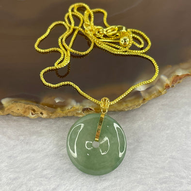 Type A Semi Icy Oily Green Jadeite Ping An Kou Donut 平安扣 in 18k Gold Setting 2.85g 18.3 by 18.1 by 4.4mm with 925 Silver Necklace - Huangs Jadeite and Jewelry Pte Ltd