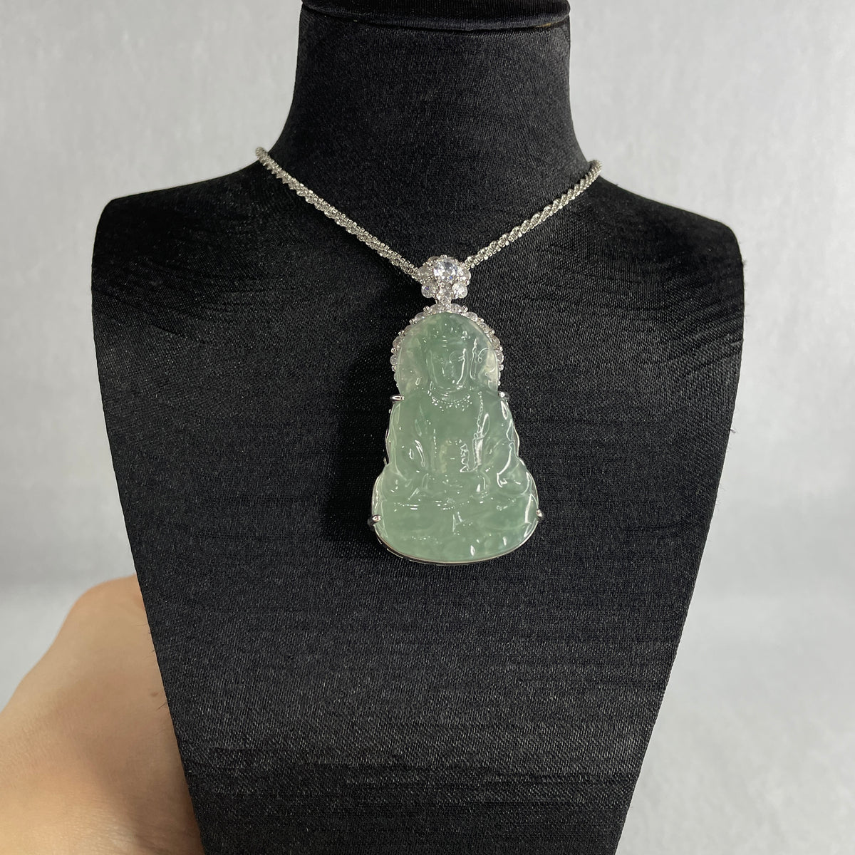 Natural Type A Icy Blueish Green Jadeite Guanyin Pendant Necklace in S925 Silver | (23.44g | 59cm S925 | 39.5 x 25.0 x 2.5mm | Compassion, Peace & Lifelong Protection Anchor, Feng Shui Guardian) - Huangs Jadeite and Jewelry Pte Ltd