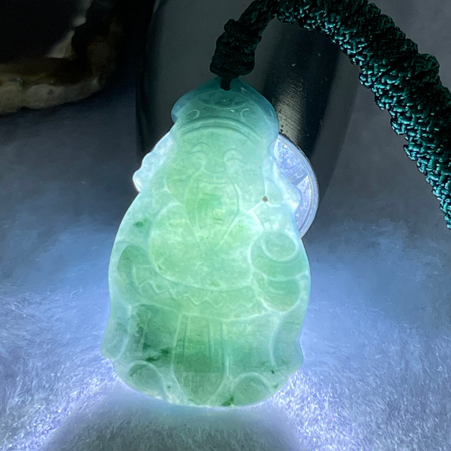 Type A Dark Blueish Green Jadeite Cai Shen Ye God of Fortune Pendant 8.37g 34.2 by 21.6 by 5.0mm - Huangs Jadeite and Jewelry Pte Ltd