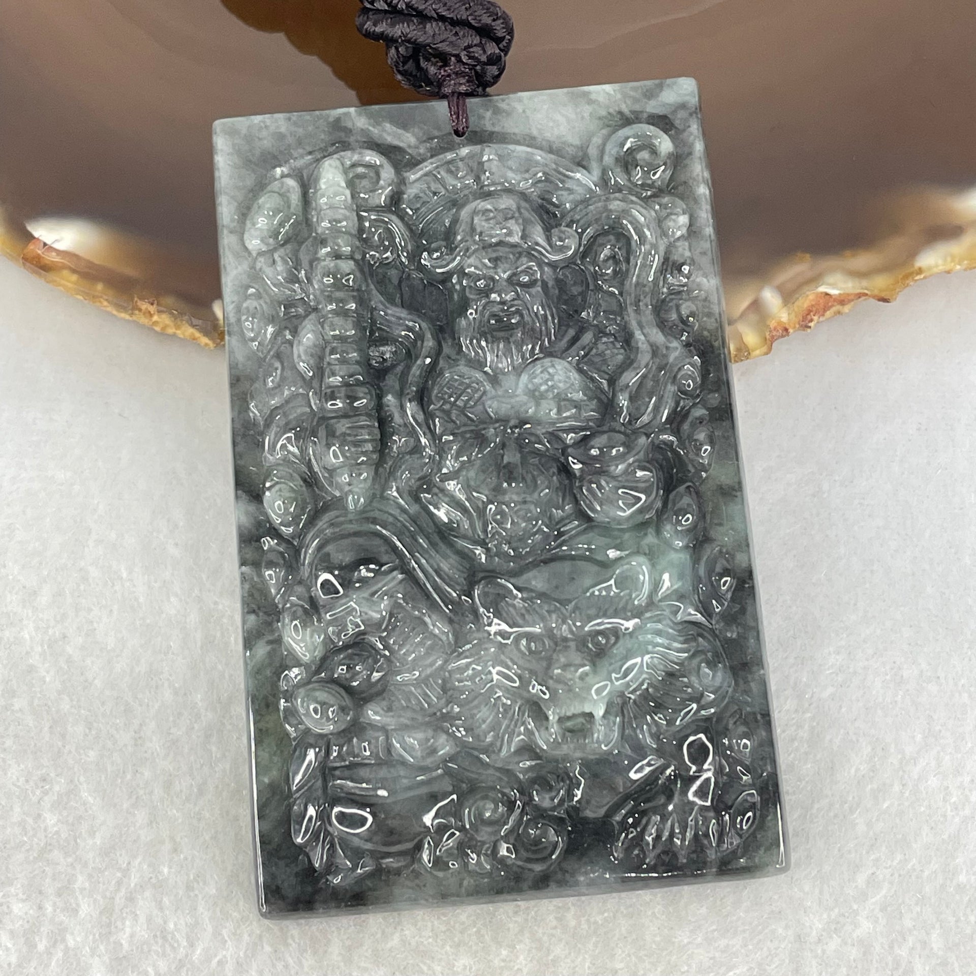 Type A Wuji Black with Light Green Jadeite Zhao Gong Yuashuai God Of Wealth Pendant 70.89g 72.9 by 5.9 by 11.2mm - Huangs Jadeite and Jewelry Pte Ltd