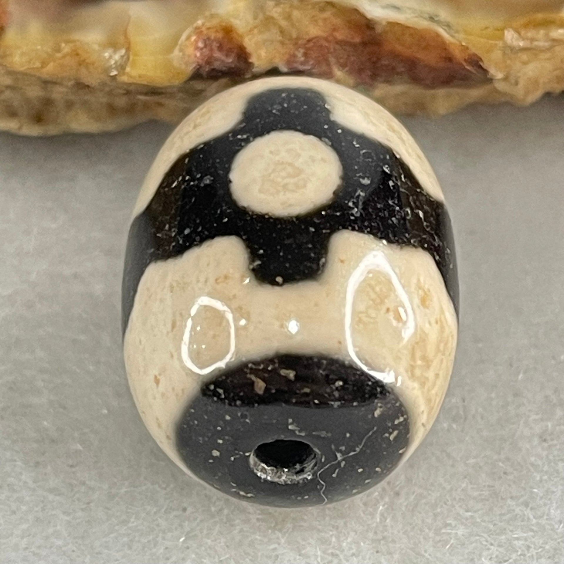 Natural Powerful Tibetan Old Oily Dark Brown With White Agate 3 Eyes Dzi Bead Heavenly Master (Tian Zhu) 三眼天诛 5.06g 17.6 by 13.5mm - Huangs Jadeite and Jewelry Pte Ltd