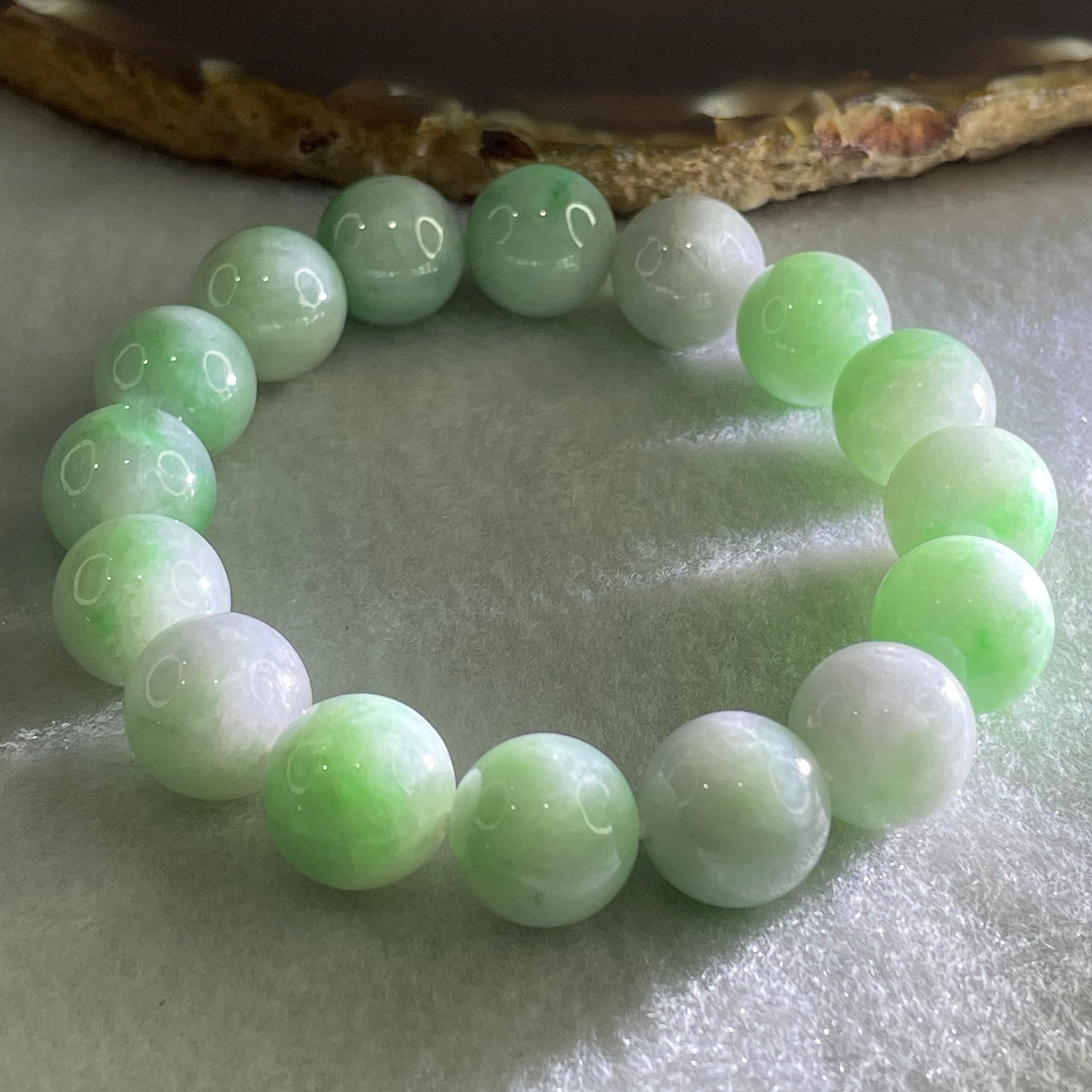 Type A Light Green with Light Lavender with Emerald Green Piao Huan Jadeite Beads Bracelet 48.39g 16cm 12.2mm 16 Beads - Huangs Jadeite and Jewelry Pte Ltd