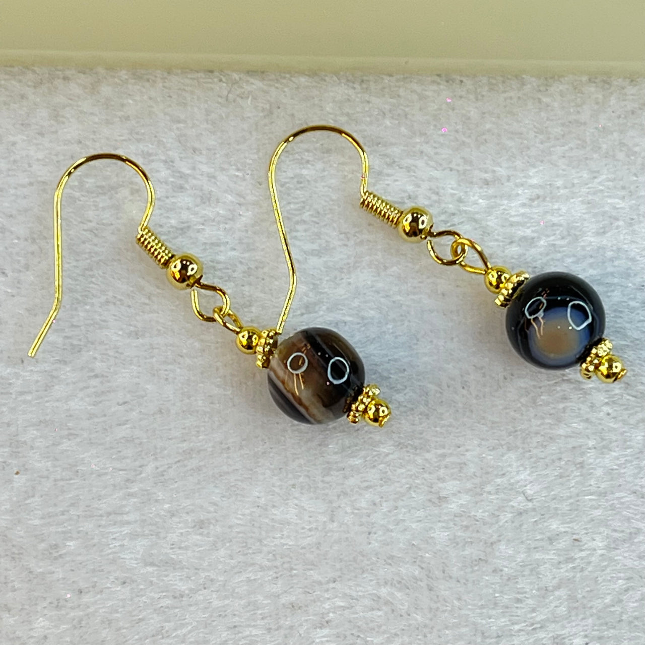 Natural 2 Eye Agate Dzi Bead Earrings Pair 2.30g 8.1mm - Huangs Jadeite and Jewelry Pte Ltd