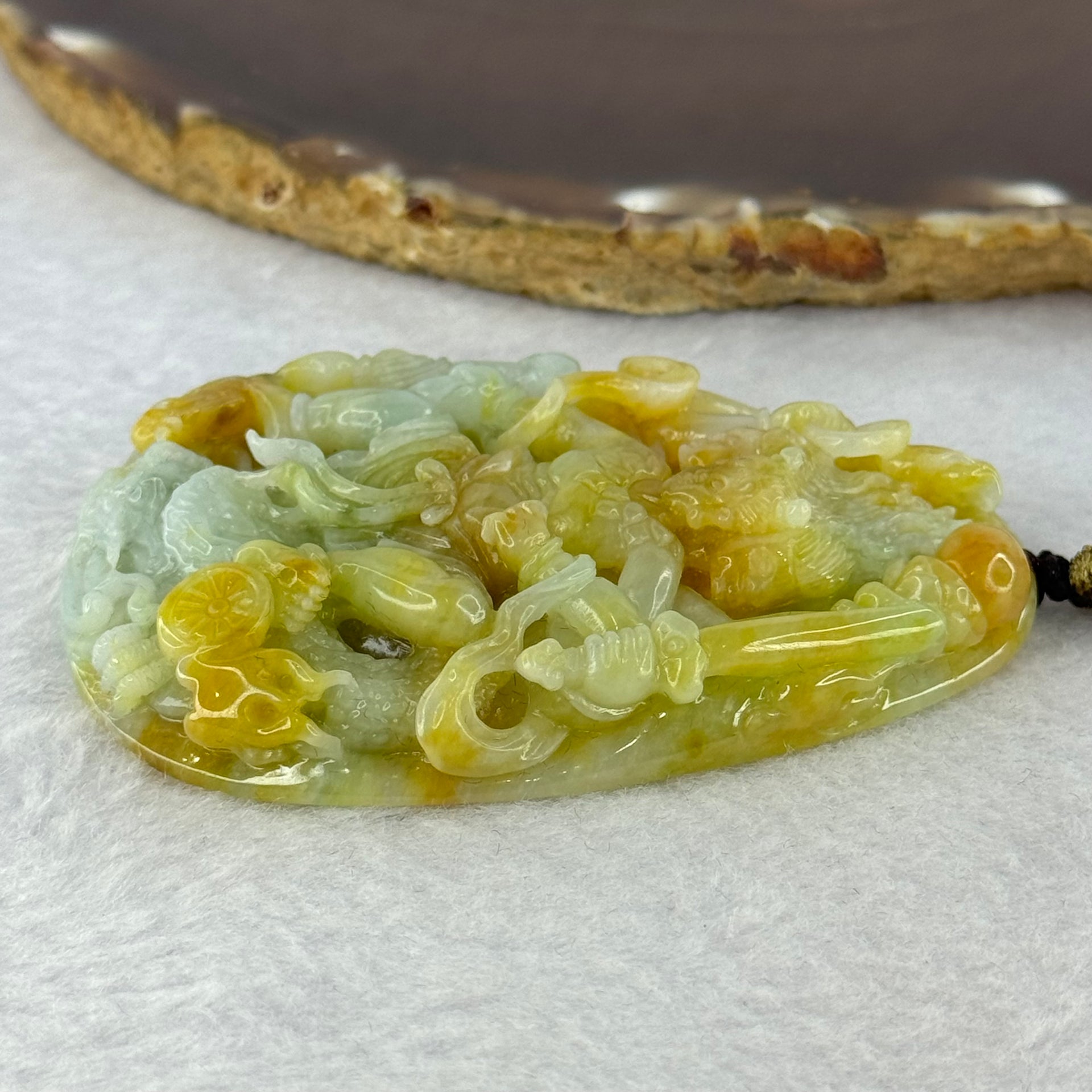 Rare Grand Master Type A 4 Colours Yellow Lavender Green Red Jadeite Neza on Dragon A货大师四彩翡翠哪咋三太子牌 70.66g 71.8 by 48.6 by 11.8mm with Wooden Stand - Huangs Jadeite and Jewelry Pte Ltd