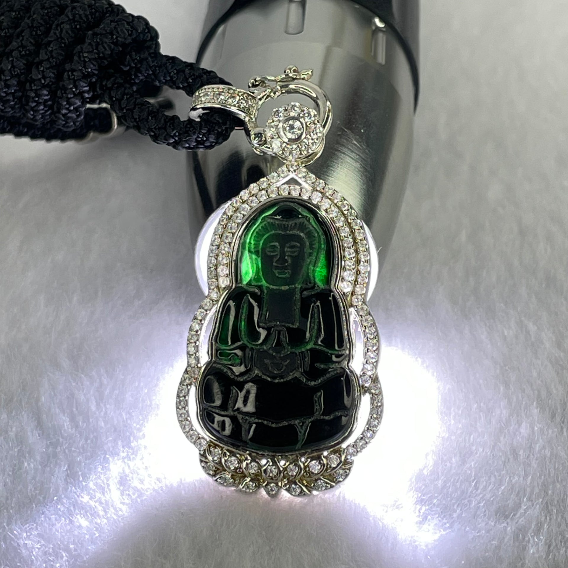 Type A Translucent Black Omphasite Jadeite Guan Yin 24.8 by 15.3 by 1.8mm Pendant in S925 Sliver Pendant 11.89g - Huangs Jadeite and Jewelry Pte Ltd
