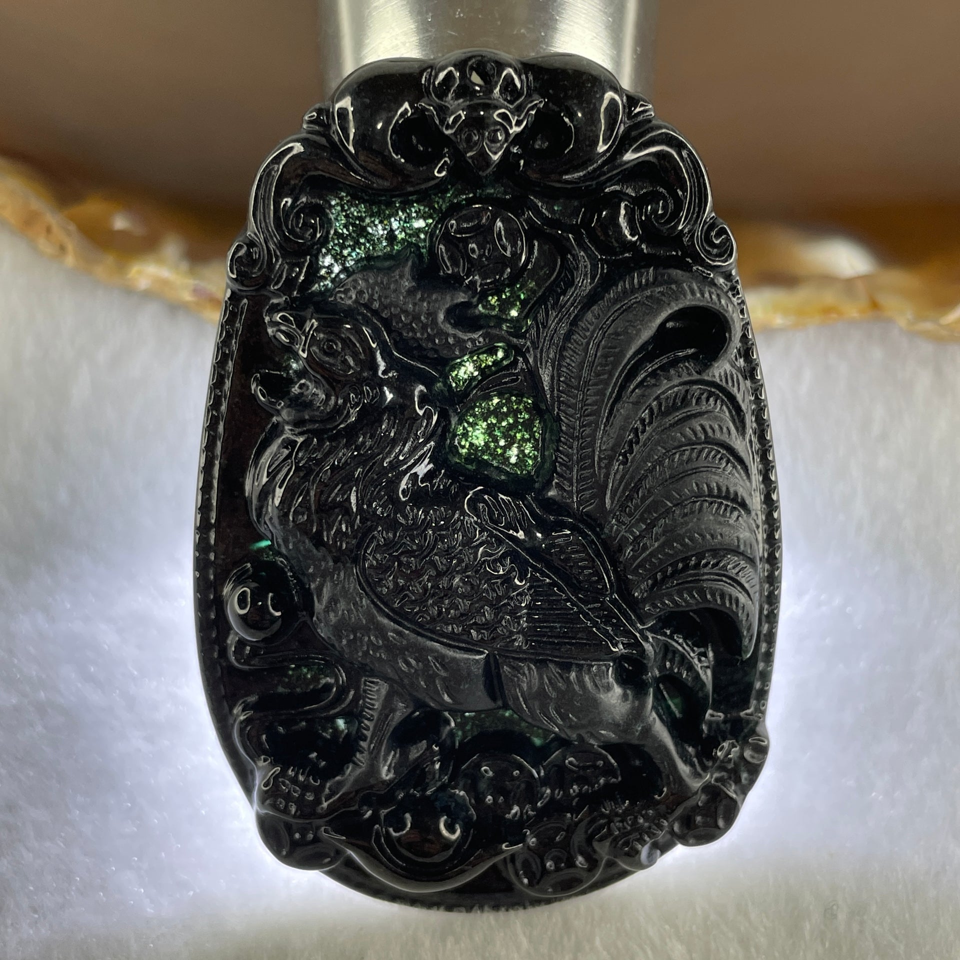 Type A Opaque to Partial Translucent Black Omphacite Jadeite Rooster Pendant 25.65g 59.3 by 40.1 by 8.9mm - Huangs Jadeite and Jewelry Pte Ltd