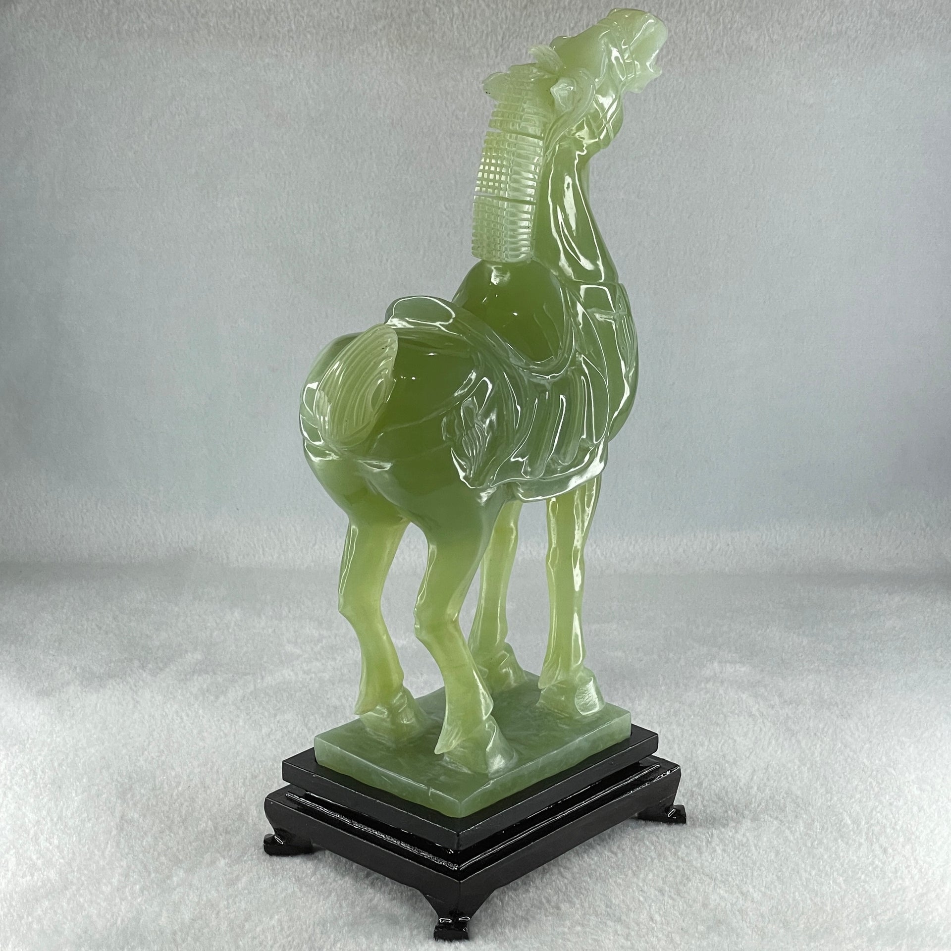 Natural Green Serpentine Horse with Wooden Stand Display 1640.4g 155.1 by 94.8 by 260.0mm - Huangs Jadeite and Jewelry Pte Ltd