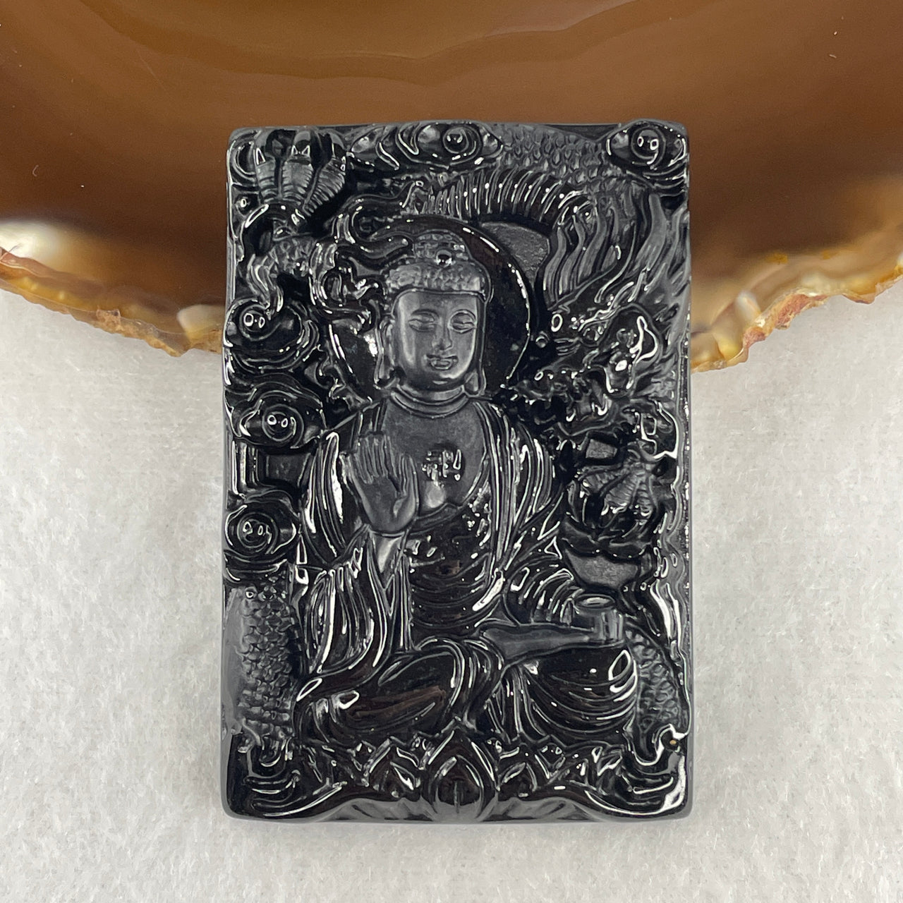 Certified Type A Opaque Black Omphacite Jadeite Amitabha Buddha on Dragon Pendant | Infinite Light & Celestial Dragon Protection Talisman (40.36g | 61.4 x 41.4 x 9.8mm)