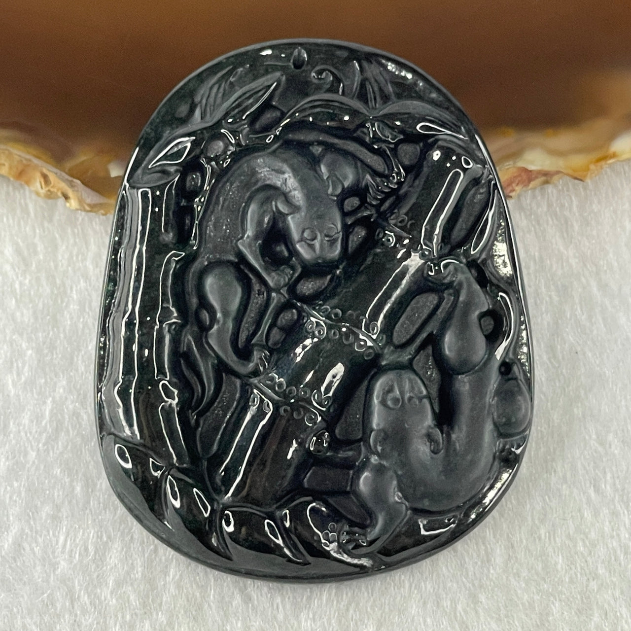 Type A Opaque to Partial Translucent Black Omphacite Jadeite Pixiu Pair with Bamboo Pendant 24.47g 53.7 by 43.2 by 8.4mm - Huangs Jadeite and Jewelry Pte Ltd