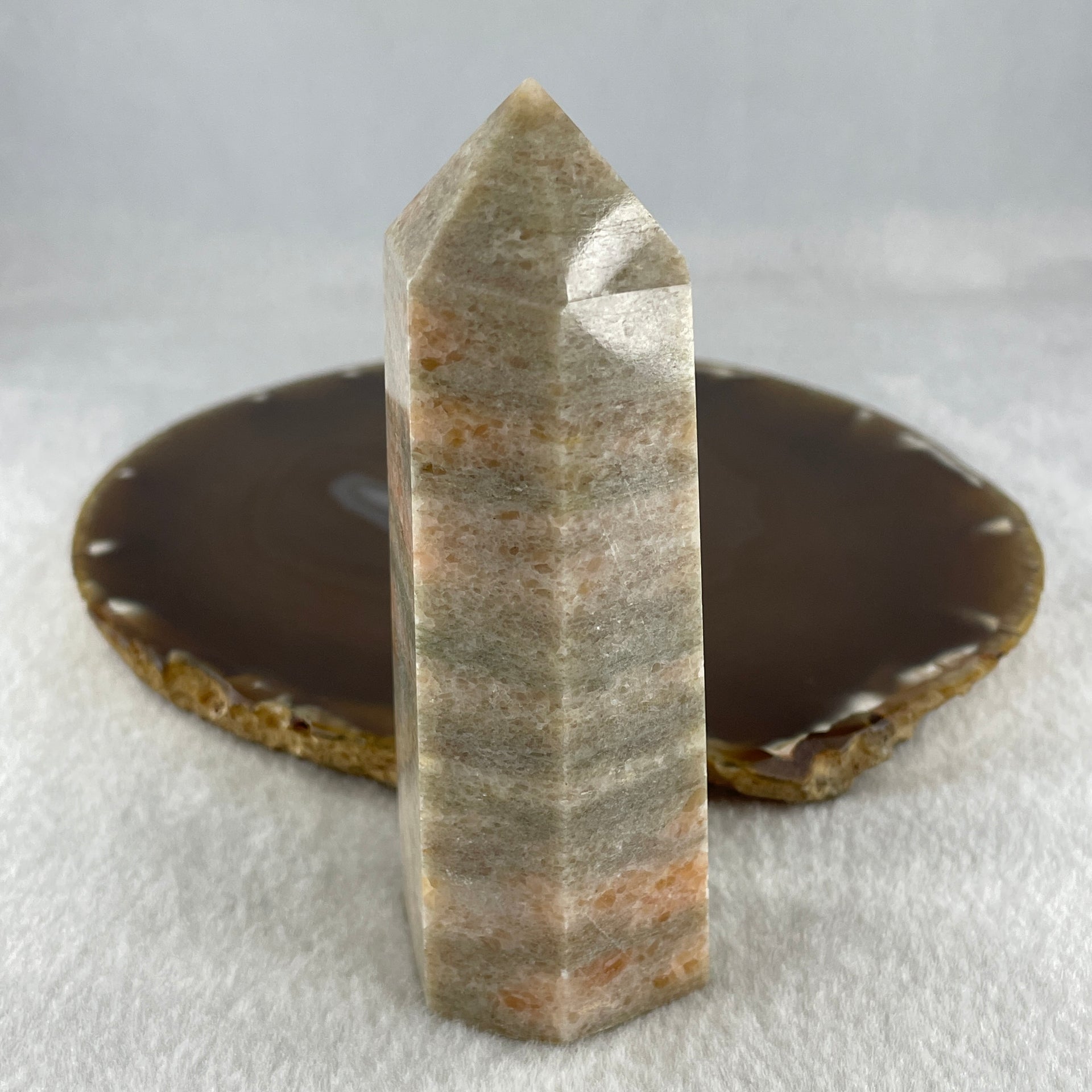 Natural Pink Orange Calcite Tower Display 213.53g 40.0 by 34.1 by 101.9mm - Huangs Jadeite and Jewelry Pte Ltd
