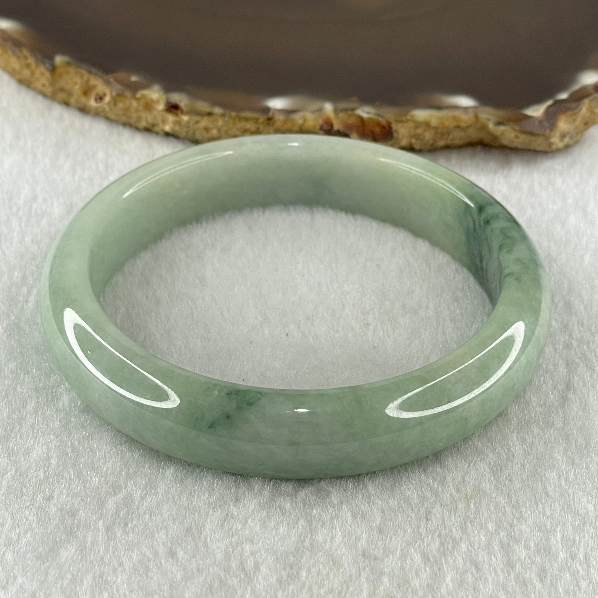 Natural Type A Light Green with Blueish Green Piao Hua Flora Jadeite Bangle 64.13g Inner Diameter 61.8mm 14.2 by 8.4mm (Very Slight Internal Lines) - Huangs Jadeite and Jewelry Pte Ltd