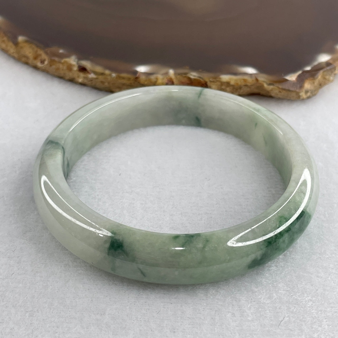Natural Type A Multicolor Jadeite Bangle | 57.2mm Light Green with Blueish-Green Floating Flora "Piao Hua" | Internal Lines "Fei Cui" Round Wrist Heirloom (50.96g 12.5x7.7mm)