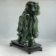 Natural Dark Green Serpentine Shou Xing Gong and Tong Zi and Longevity Peach with Wooden Stand Display 3,091.3g 193.0 by 95.0 by 257.0mm - Huangs Jadeite and Jewelry Pte Ltd