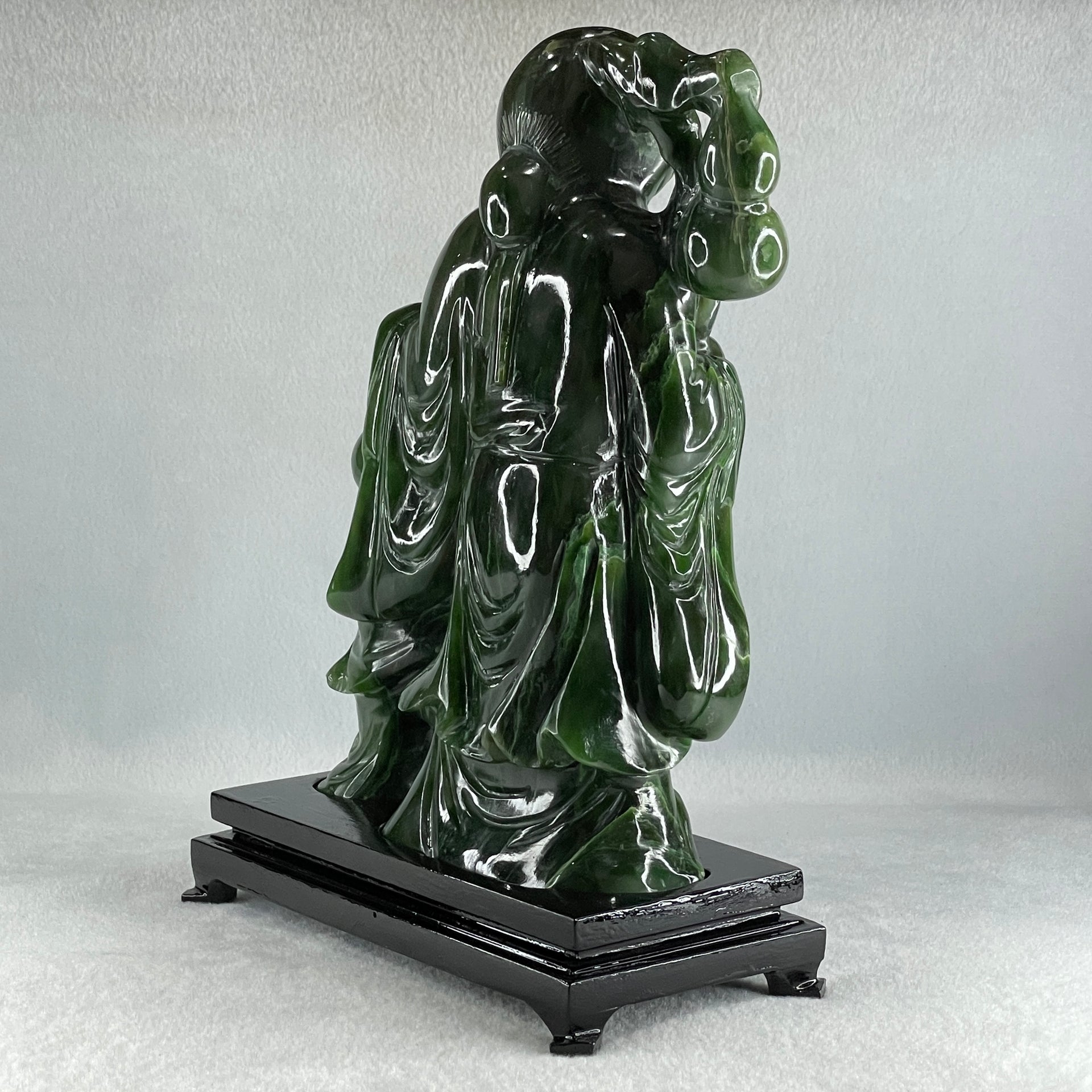 Natural Dark Green Serpentine Shou Xing Gong and Tong Zi and Longevity Peach with Wooden Stand Display 3,091.3g 193.0 by 95.0 by 257.0mm - Huangs Jadeite and Jewelry Pte Ltd