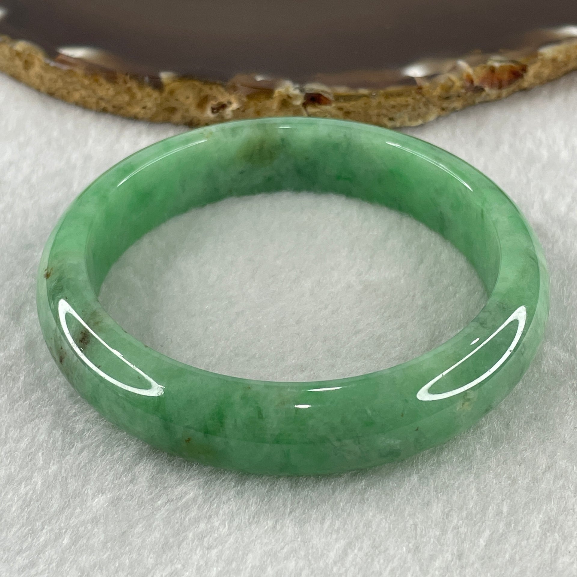Certified Natural Type A Bright Green with Emerald Green and Brownish Fluorite Piao Hua Jadeite Bangle 55.93g Internal Diameter 57.3mm 13.4 by 8.1mm ( Very Very Slight Internal Line) ( Very Very External Rough) - Huangs Jadeite and Jewelry Pte Ltd