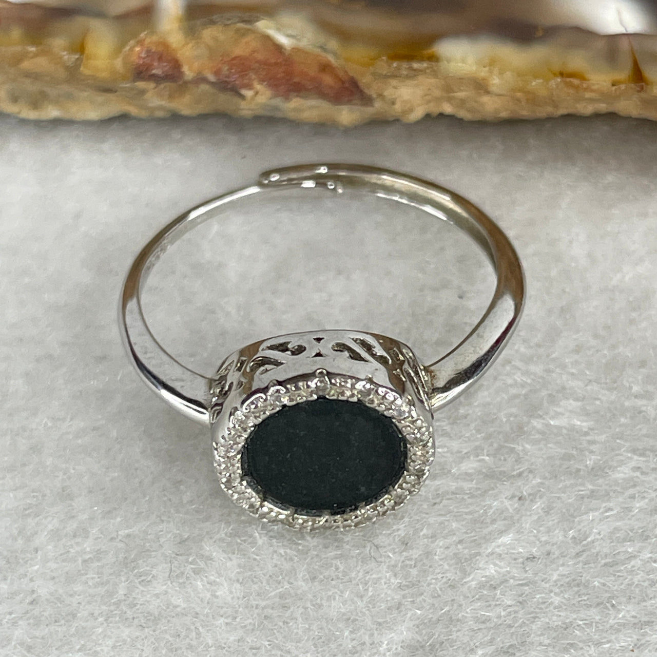 Type A Fully Translucent Black Omphacite Jadeite Round Signet Ring | Solid S925 Sterling Silver Setting | Adjustable Sizing | "Imperial Ink" Serendipity & Power Statement Ring (2.14g 8.2x1.5mm)