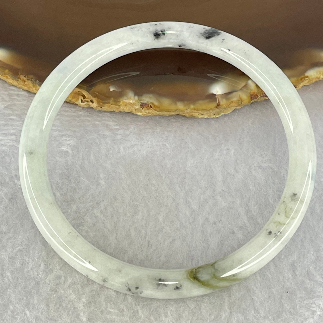 Type A Faint Lavender with Moss Green and Grey Patches Jadeite Bangle Internal Diameter 59.7mm 23.90g 6.8 by 6.8mm (External Lines) - Huangs Jadeite and Jewelry Pte Ltd