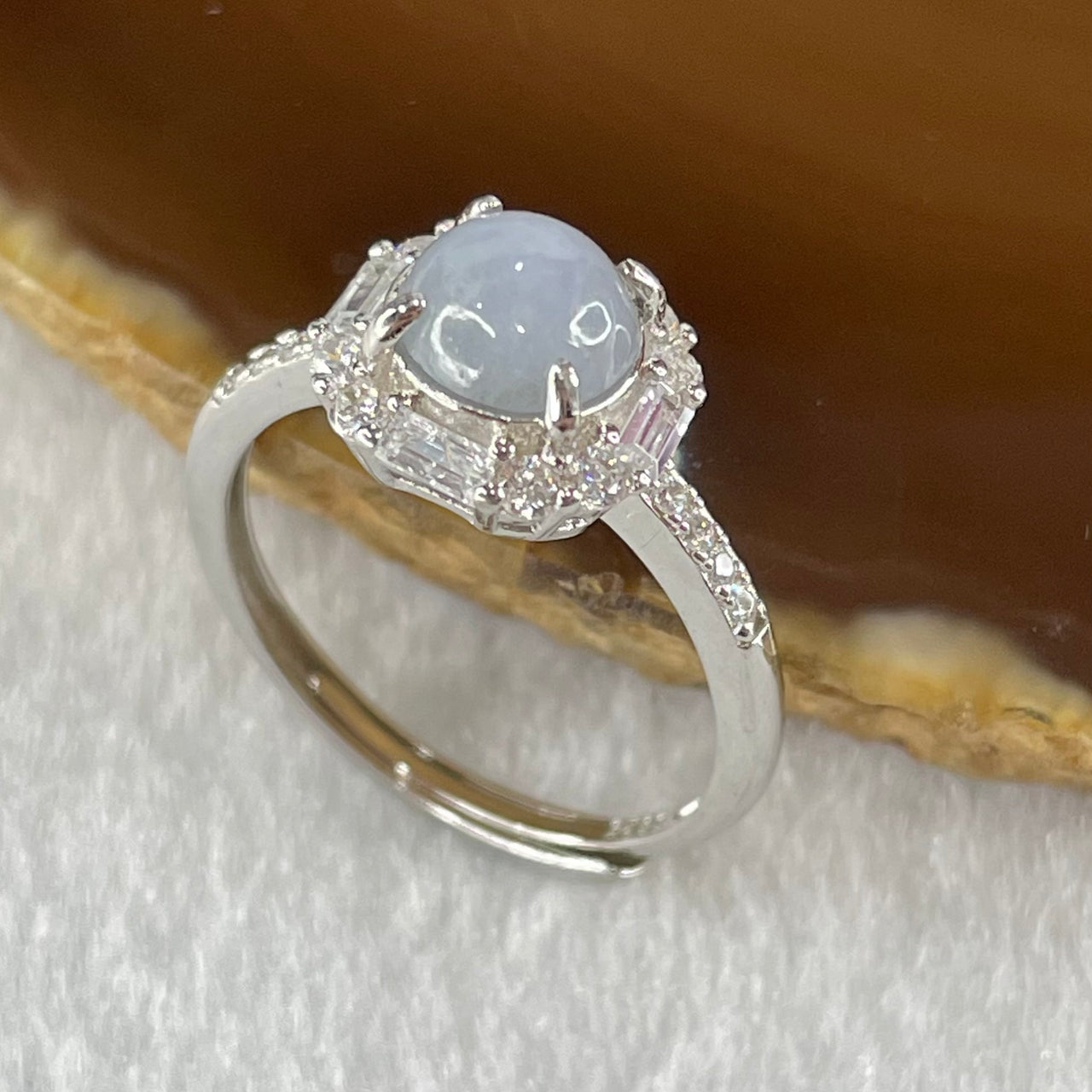 Type A Lavender Jadeite in S925 Sliver with Crystal Ring (Adjustable Size) 1.82g 6.3 by 3.5mm - Huangs Jadeite and Jewelry Pte Ltd