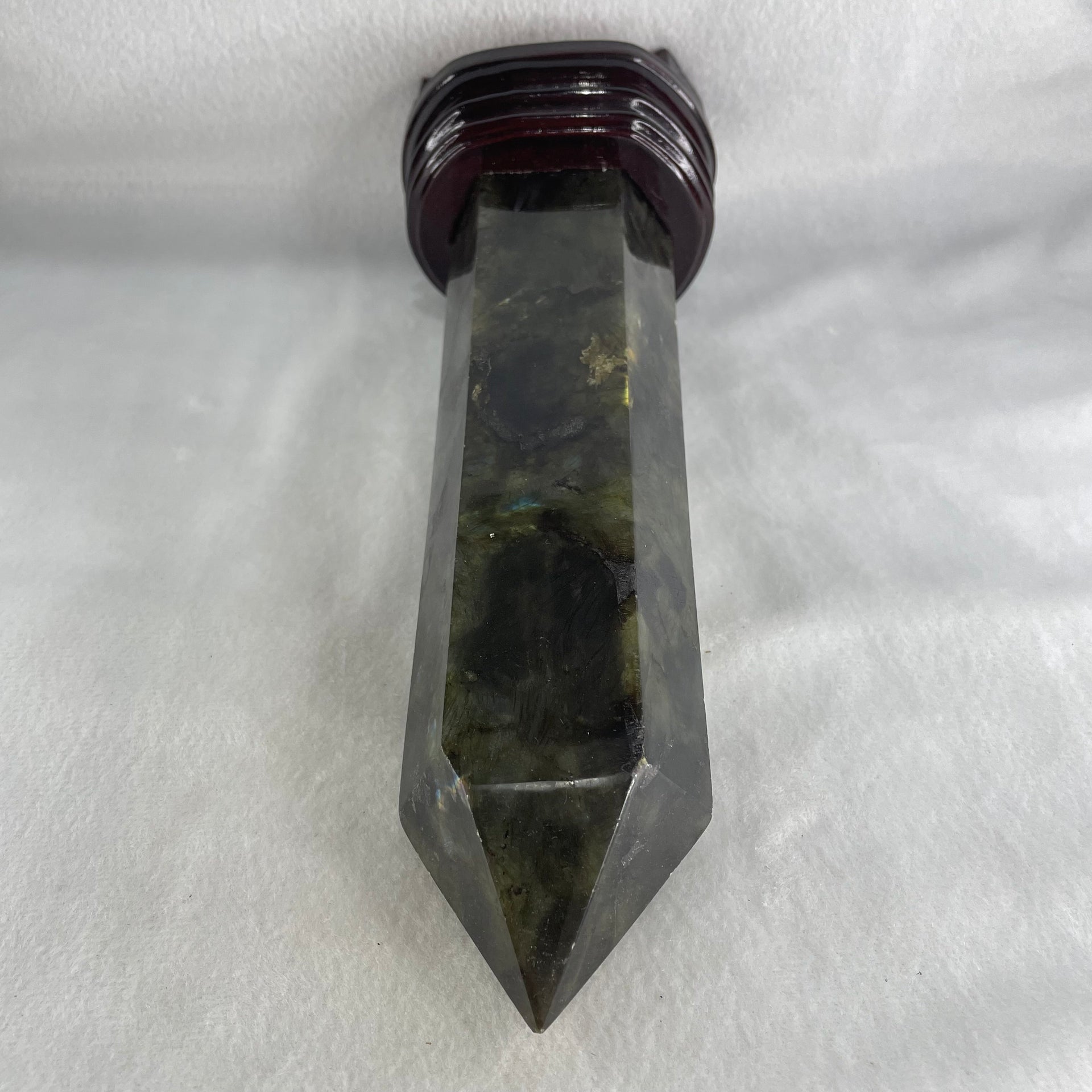 Good Grade Natural Labradorite Tower with Wooden Stand Display 1109.6g 260.5 by 192.7 by 75.2mm - Huangs Jadeite and Jewelry Pte Ltd