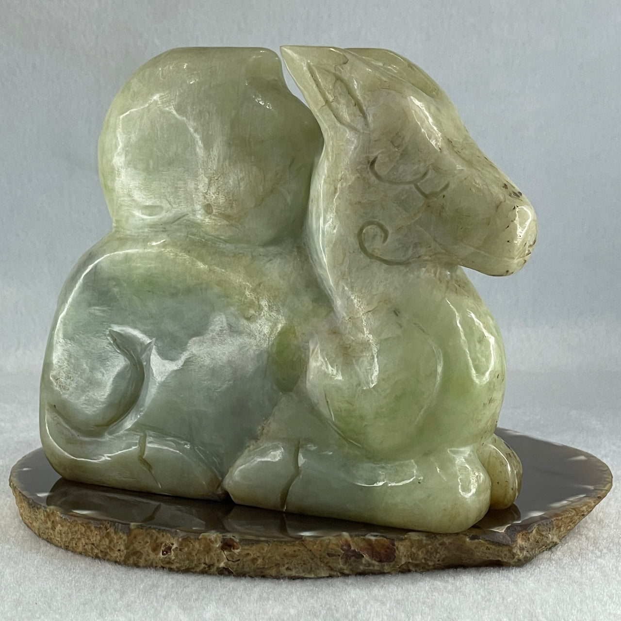 Natural Green Serpentine Deer with Longevity Peach Display 1,043.6g 135.0 by 43.0 by 115.0mm - Huangs Jadeite and Jewelry Pte Ltd