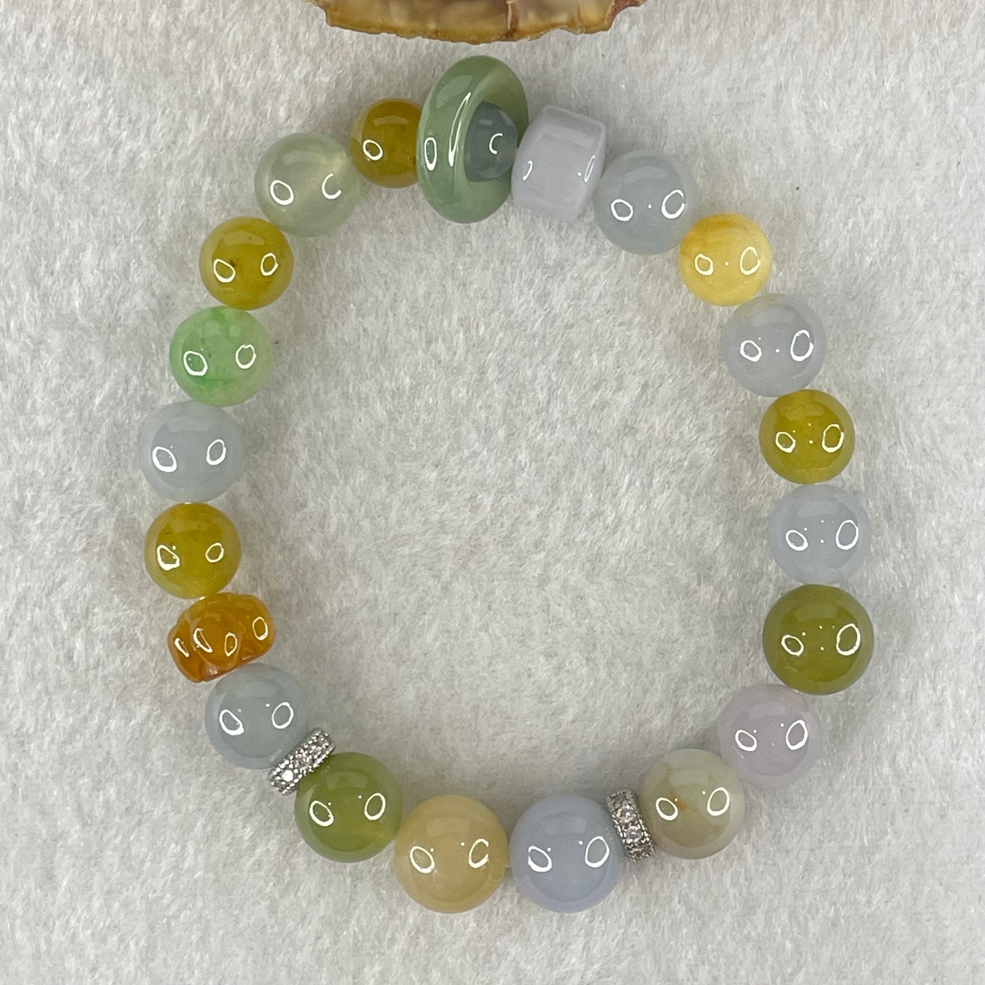 Type A Muti Color Jadeite Beads with Blueish Green Ping An Kou Donut Charm and Yellow Lotus Charm Bracelet 27.01g 15cm 9.9mm 18 Beads 14.5 by 4.1mm 1pcs - Huangs Jadeite and Jewelry Pte Ltd