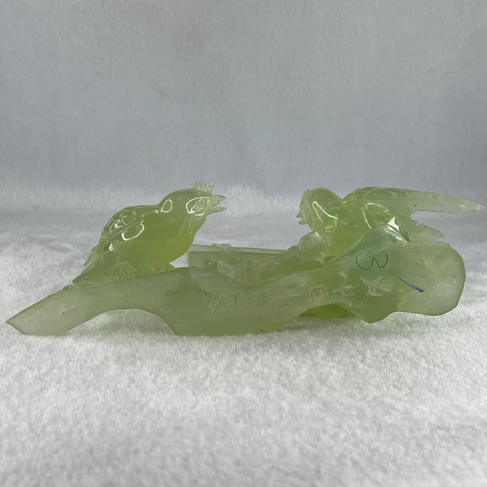 Natural Green Serpentine 囍 Double Happiness Love Birds with Flower with Wooden Stand Display 469.1g 192.0 by 138.0 by 68.0mm - Huangs Jadeite and Jewelry Pte Ltd