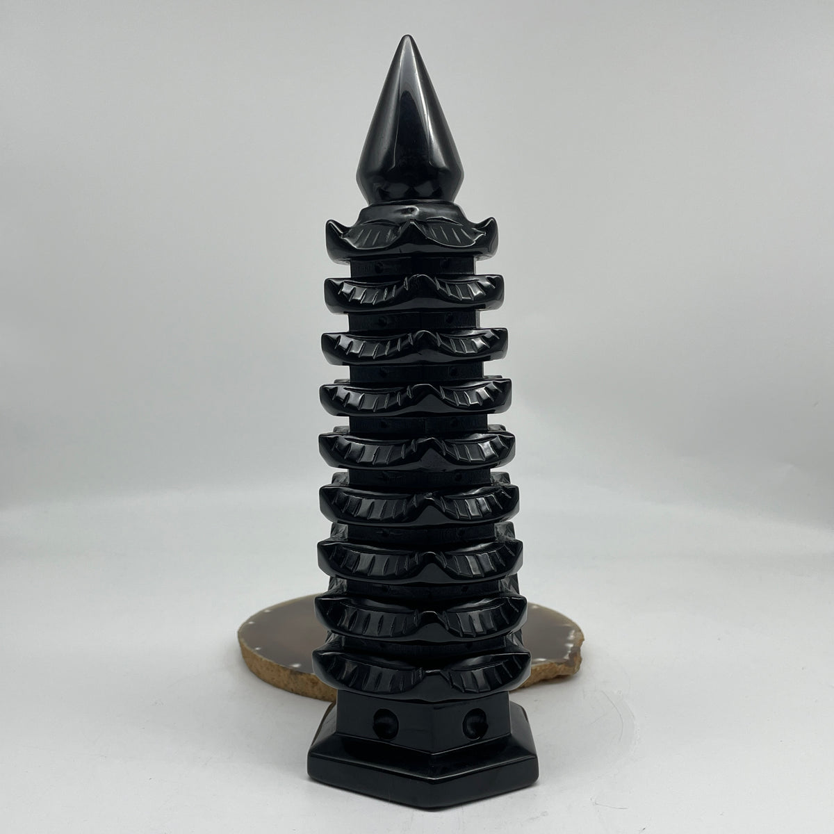 Natural Black Obsidian Pagoda Display | (1,480.7g | 88.5 x 78.5 x 260.0mm | Catalyst, "Wen Chang" Academic Excellence & Career Promotion Anchor, Traditional Spatial Shielding Specimen)