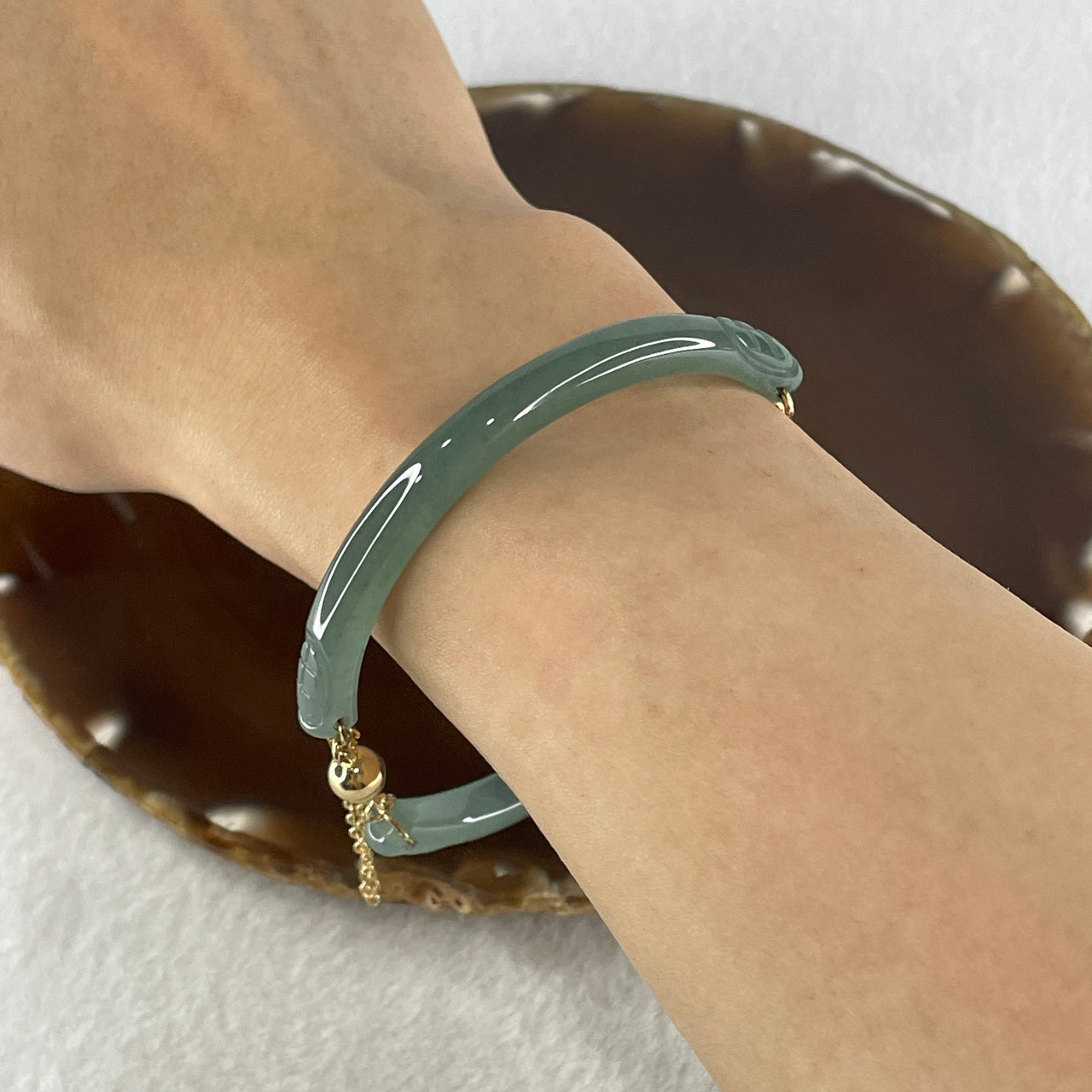 Natural Type A Jelly Blueish Green Jadeite Double Dragon Heads with Flower Bracelet 15.95g 16cm 5.9 by 5.9mm - Huangs Jadeite and Jewelry Pte Ltd