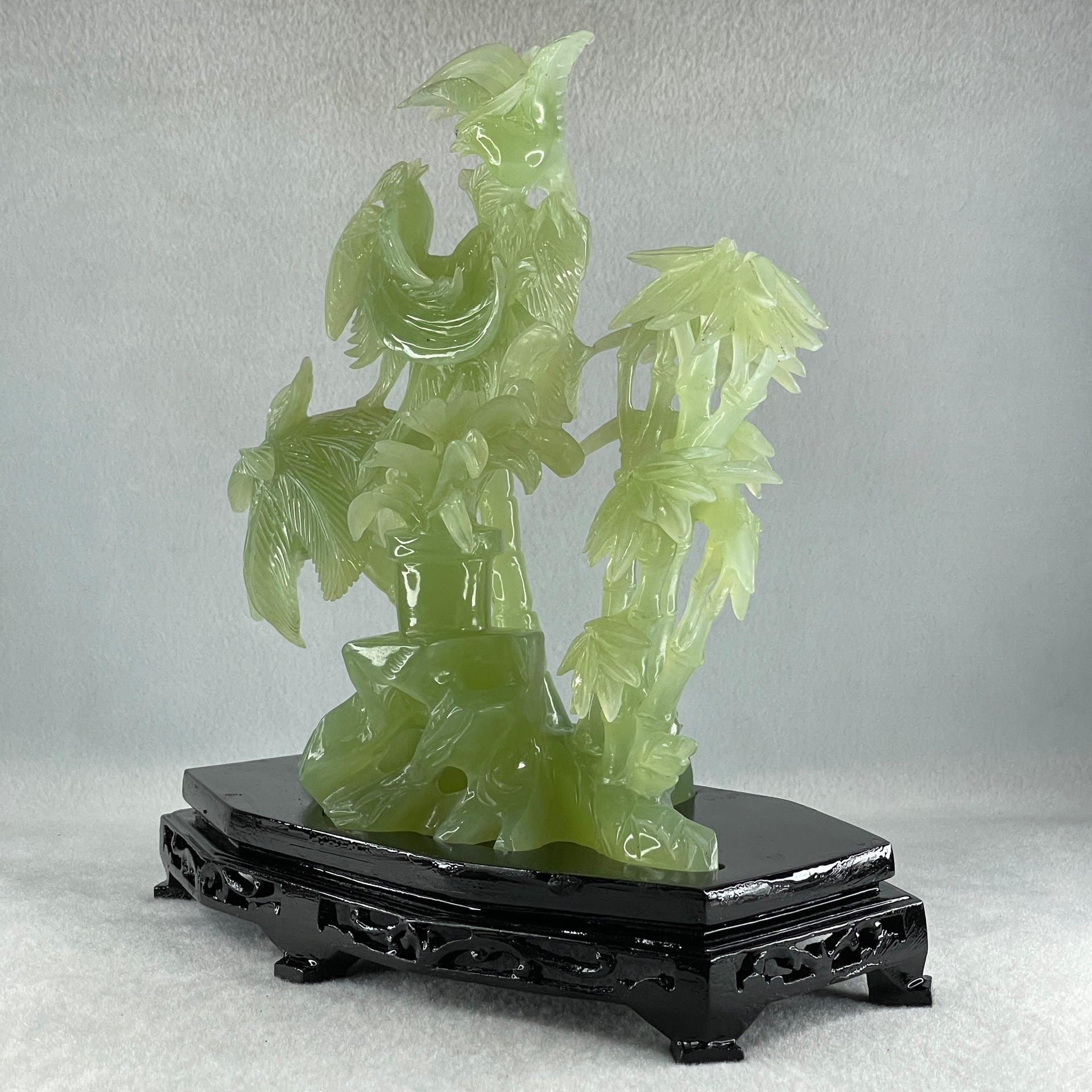 Natural Green Serpentine Double Phoenix with Bamboo Treen and Flower with Wooden Stand Display 1,096.7g 220.0 by 130.0 by 220.0mm - Huangs Jadeite and Jewelry Pte Ltd