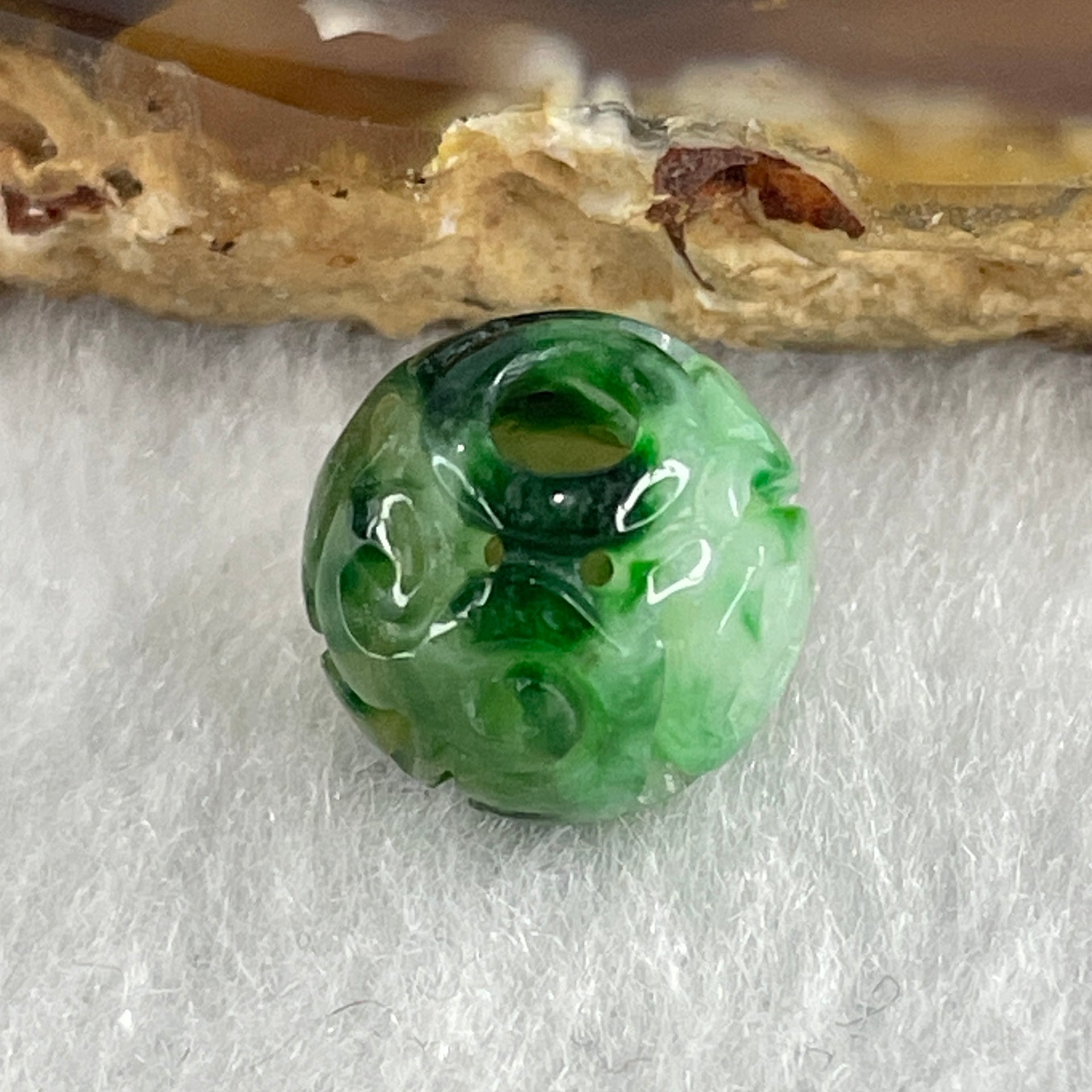 Natural Type A Lao Keng Old Mine Green Jadeite Flora Carving Bead Charm 1.36g 11.4mm - Huangs Jadeite and Jewelry Pte Ltd