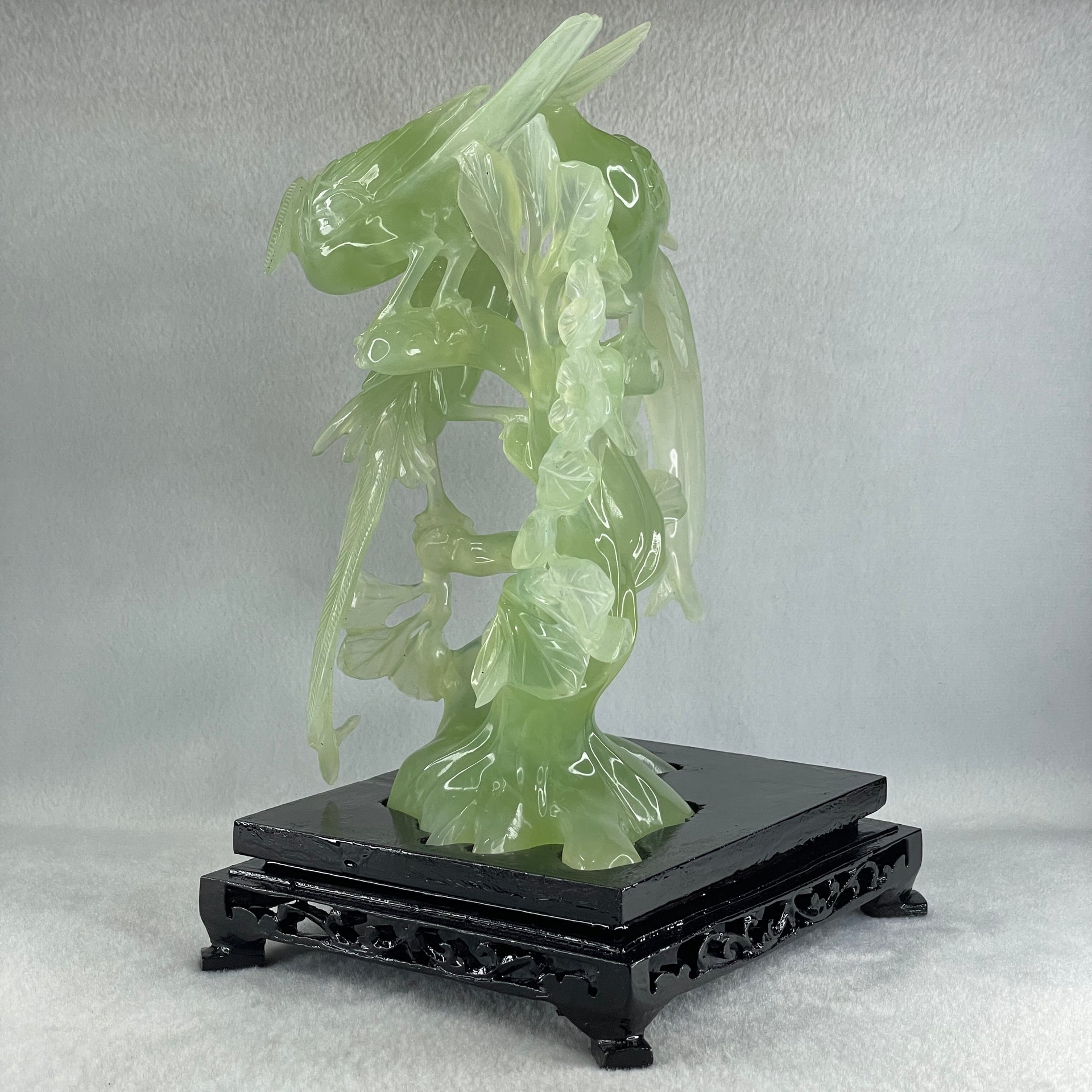 Natural Green Serpentine 3 Phoenix on Tree with Wooden Stand Display 1,022.5g 175.0 by 150.0 by 245.0mm - Huangs Jadeite and Jewelry Pte Ltd