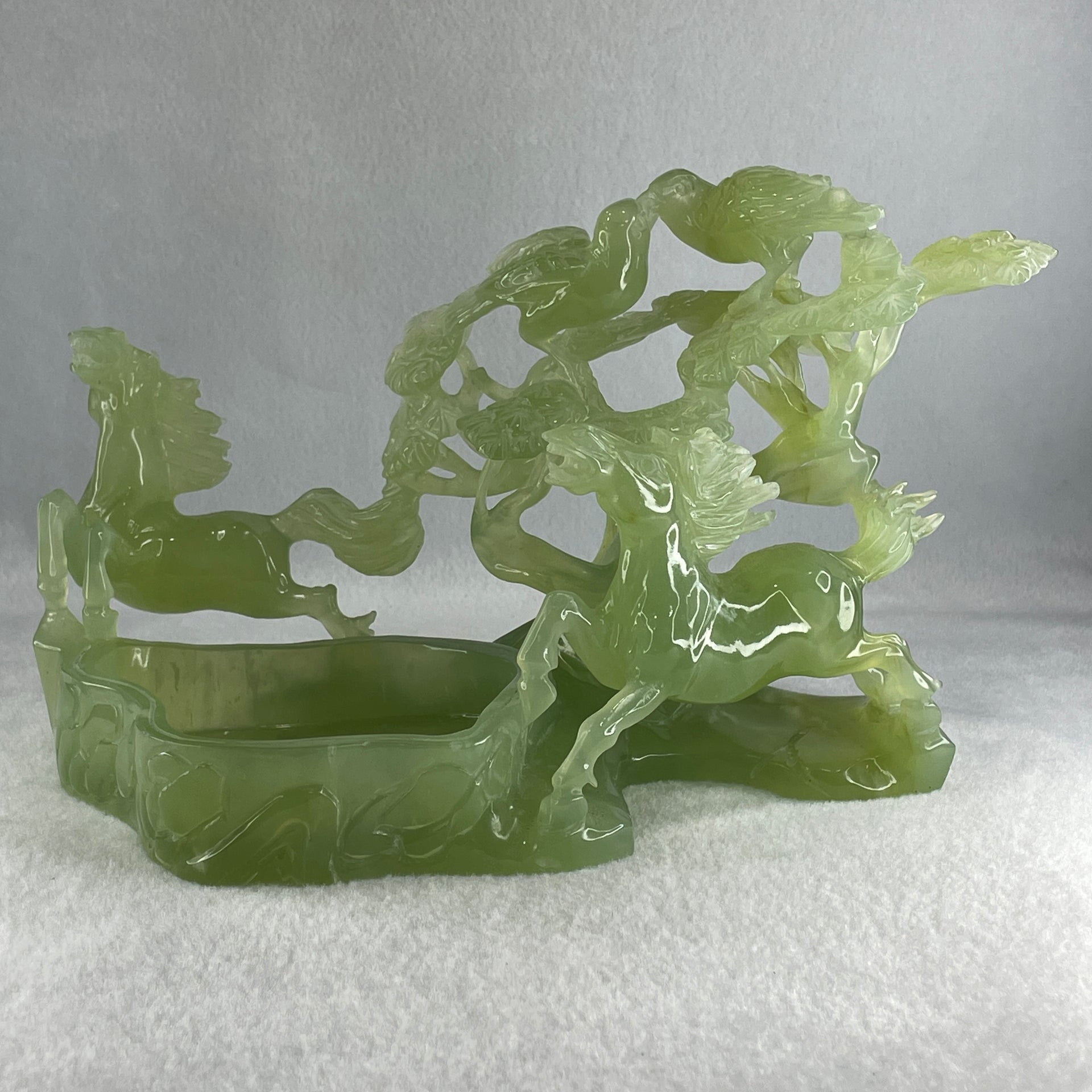 Natural Green Serpentine Double Horses with Twin Birds on Tree and Pond Display 1,254.1g L243.0 by B135.0 by H146.0mm - Huangs Jadeite and Jewelry Pte Ltd