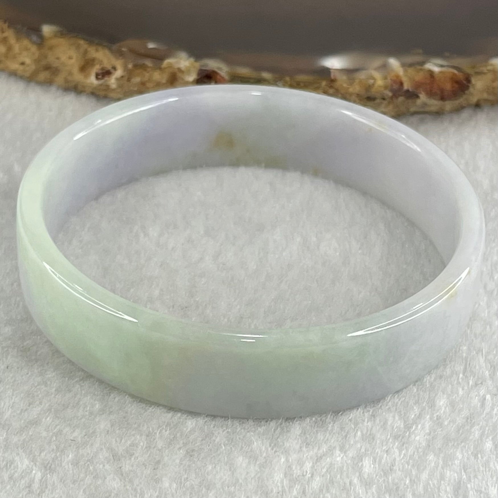 Type A Green Lavender with Yellow Spot Jadeite Flat Round Bangle 24.42g Internal Diameter 52.7mm 12.4 by 4.1mm - Huangs Jadeite and Jewelry Pte Ltd