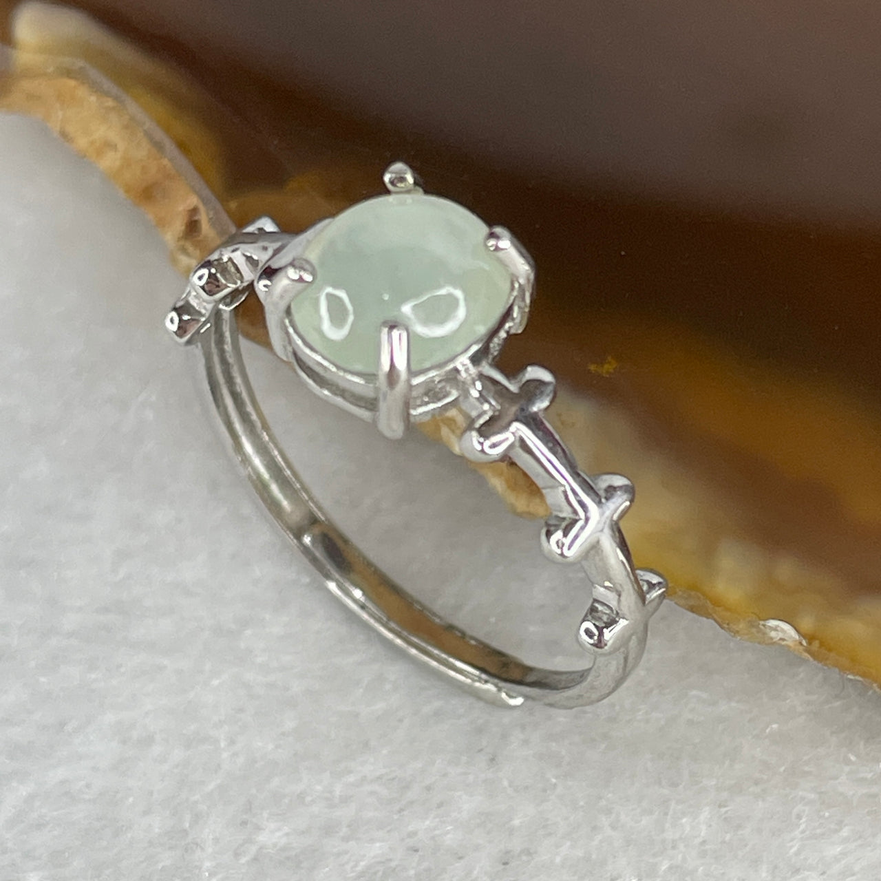 Type A Icy Faint Green Jadeite Cabochon Ring | Liquid-Glass Translucent Cushion Orb | Solid S925 Sterling Silver Setting | Smart Adjustable Sizing (1.67g 6.9x6.2x3.0mm)