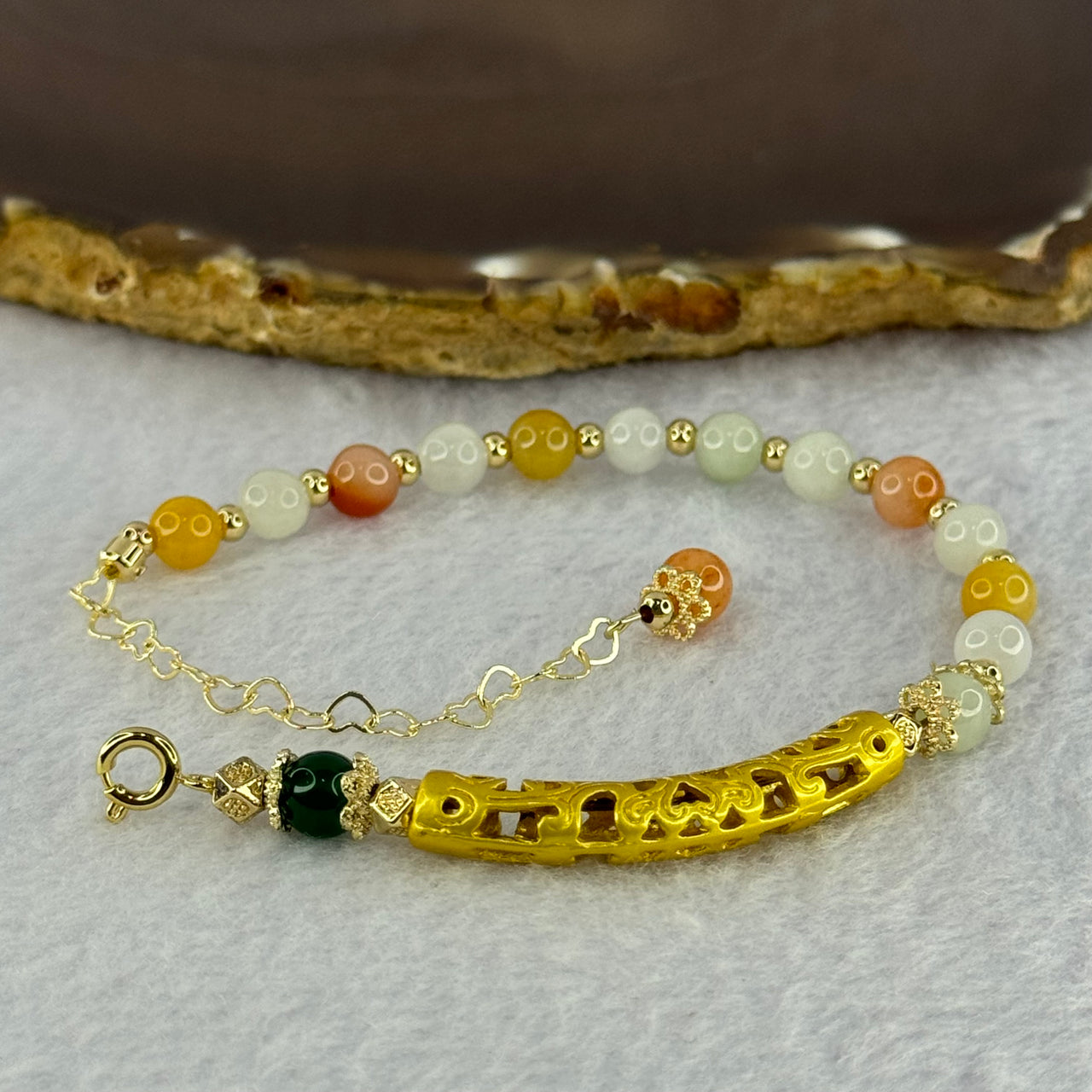 Type A Faint Green Jadeite and Crystal Beads in Sliver Gold Color Bracelet 9.80g 5.9mm 14 Beads - Huangs Jadeite and Jewelry Pte Ltd