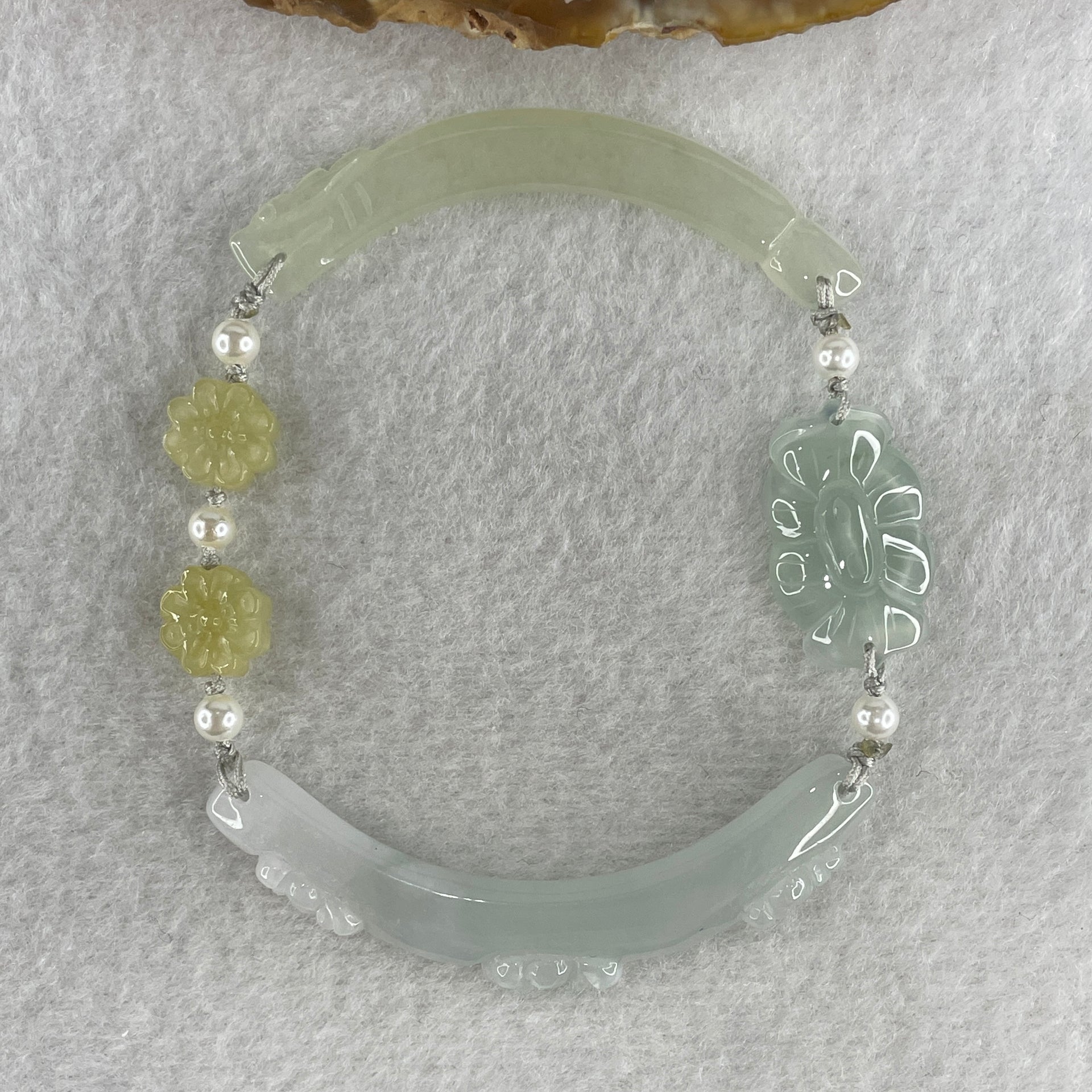 Natural Type A Semi Icy Light Green with Light Lavender Jadeite Flower Bracelet 16.97g 18cm 5.9 by 9.1mm - 22.6 by 14.1 by 5.5mm - Huangs Jadeite and Jewelry Pte Ltd