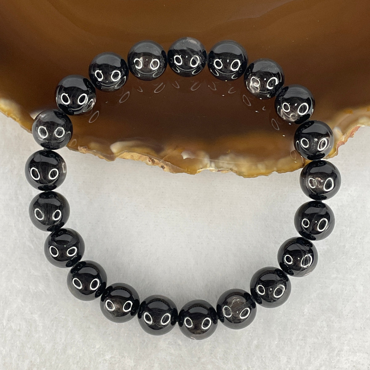 Certified Good Grade Natural Black Hypersthene Enstatite Beads Bracelet | 15.5cm Strand of 21 Matched 9.1mm Beads (26.91g | Metallic Silver Schiller Sheen | "Velvet Labradorite" Shielding & Laser Focus)