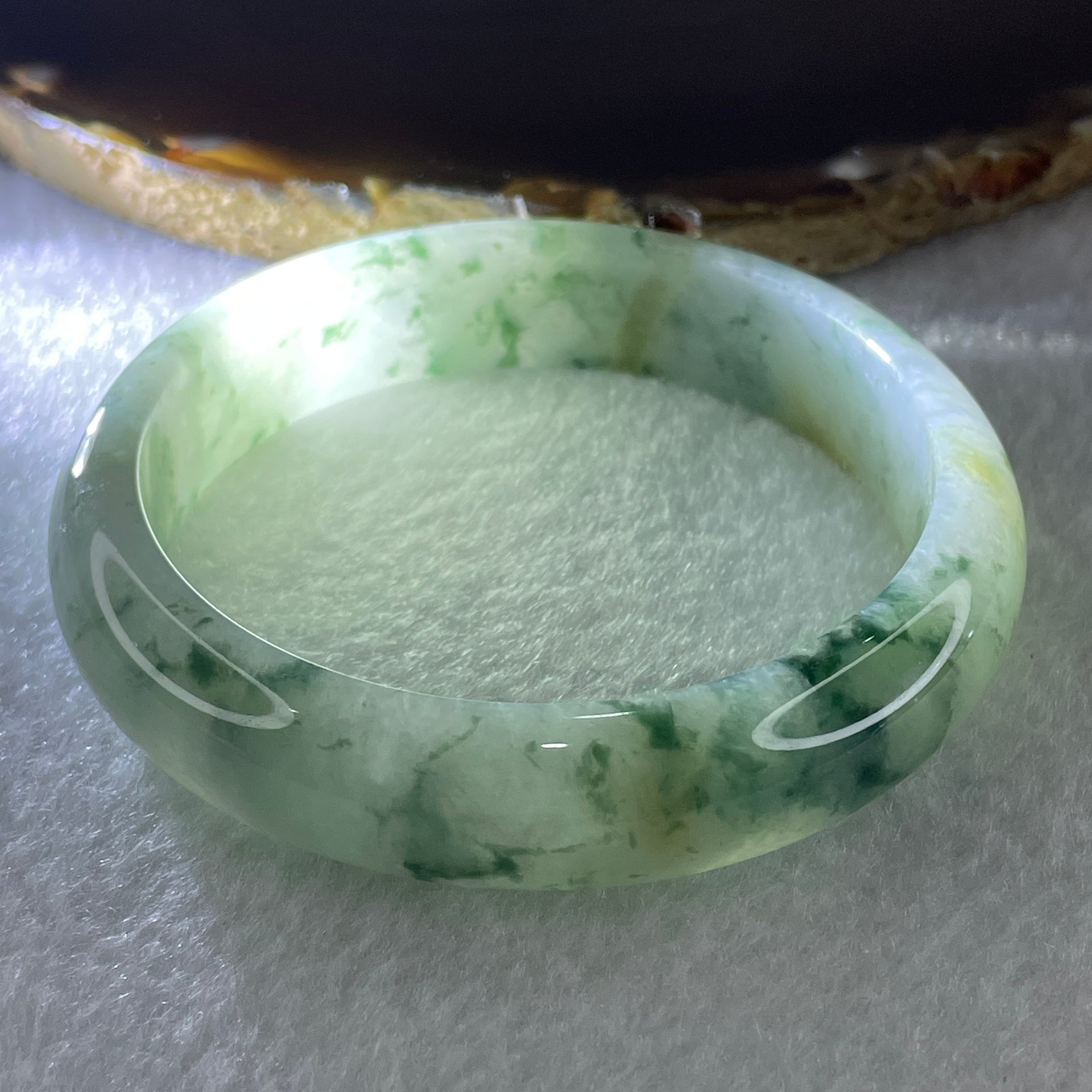 Certified Natural Type A Jelly Light Green with Spicy Green Piao Hua Jadeite Bangle 57.20g Internal Diameter 58.4mm 14.1 by 7.7mm (Perfect) - Huangs Jadeite and Jewelry Pte Ltd